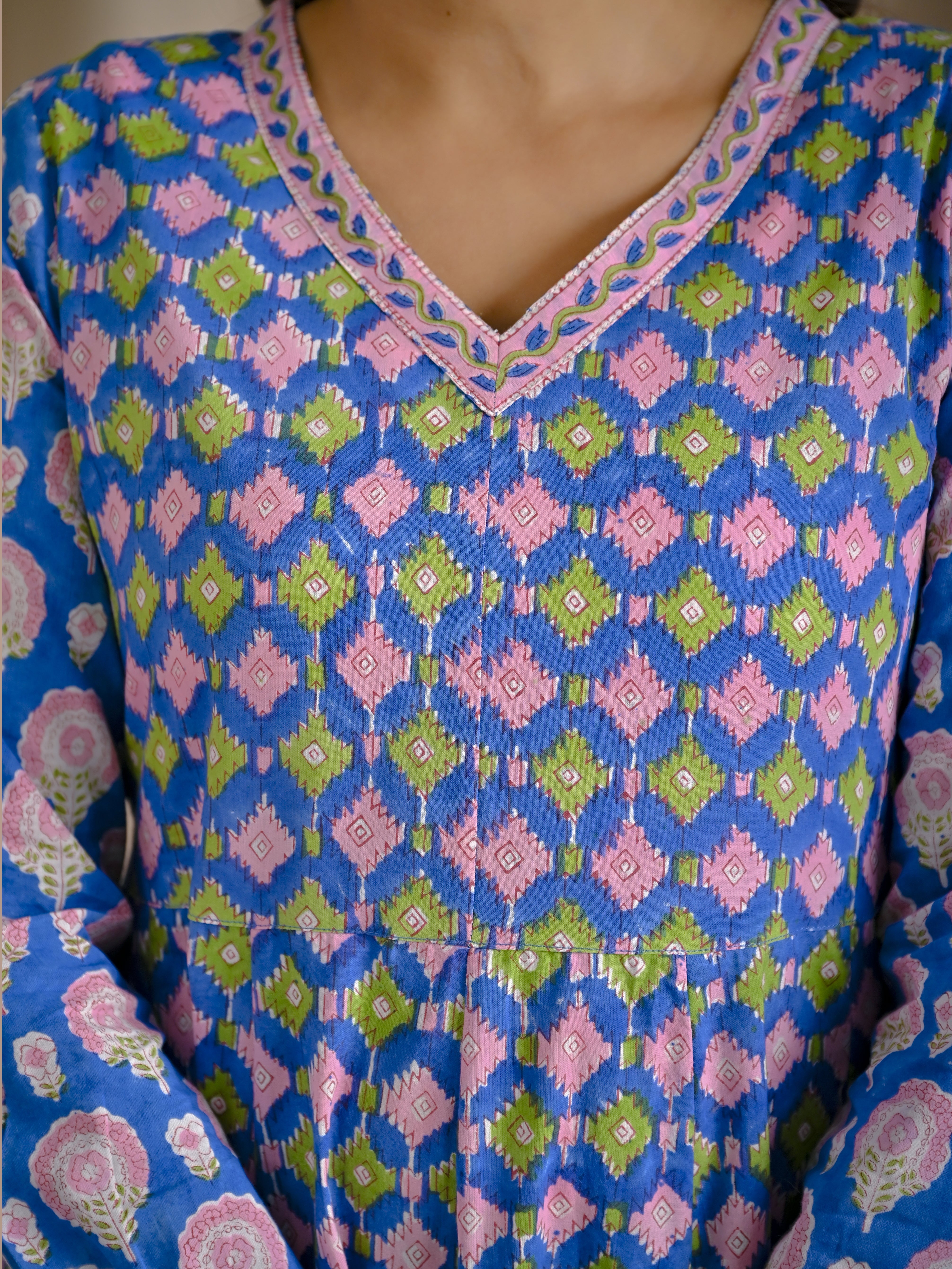 Blue Hand Block Cotton Printed Anarkali Dress