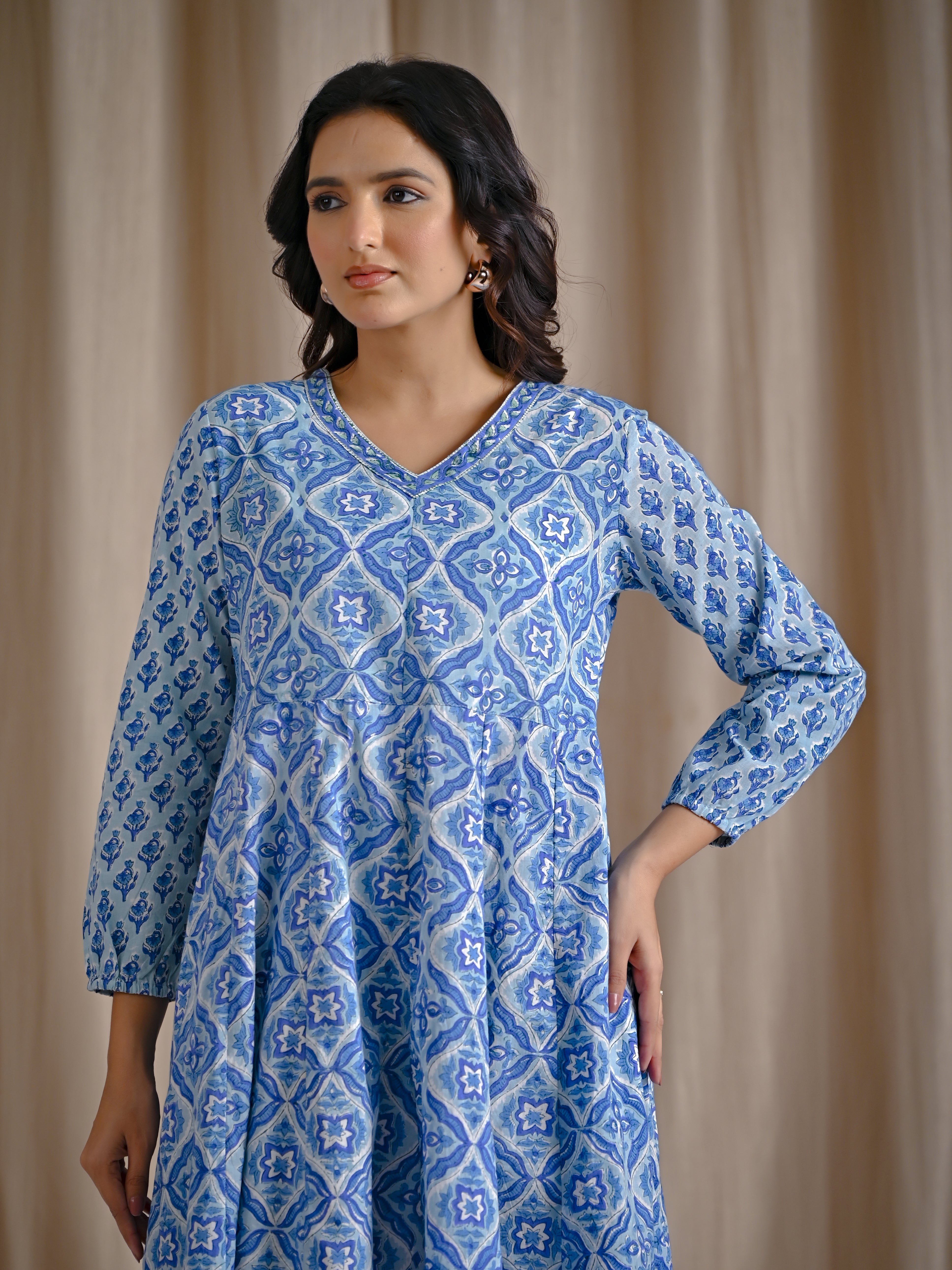 Pastel Blue Hand Block Cotton Printed Anarkali Dress