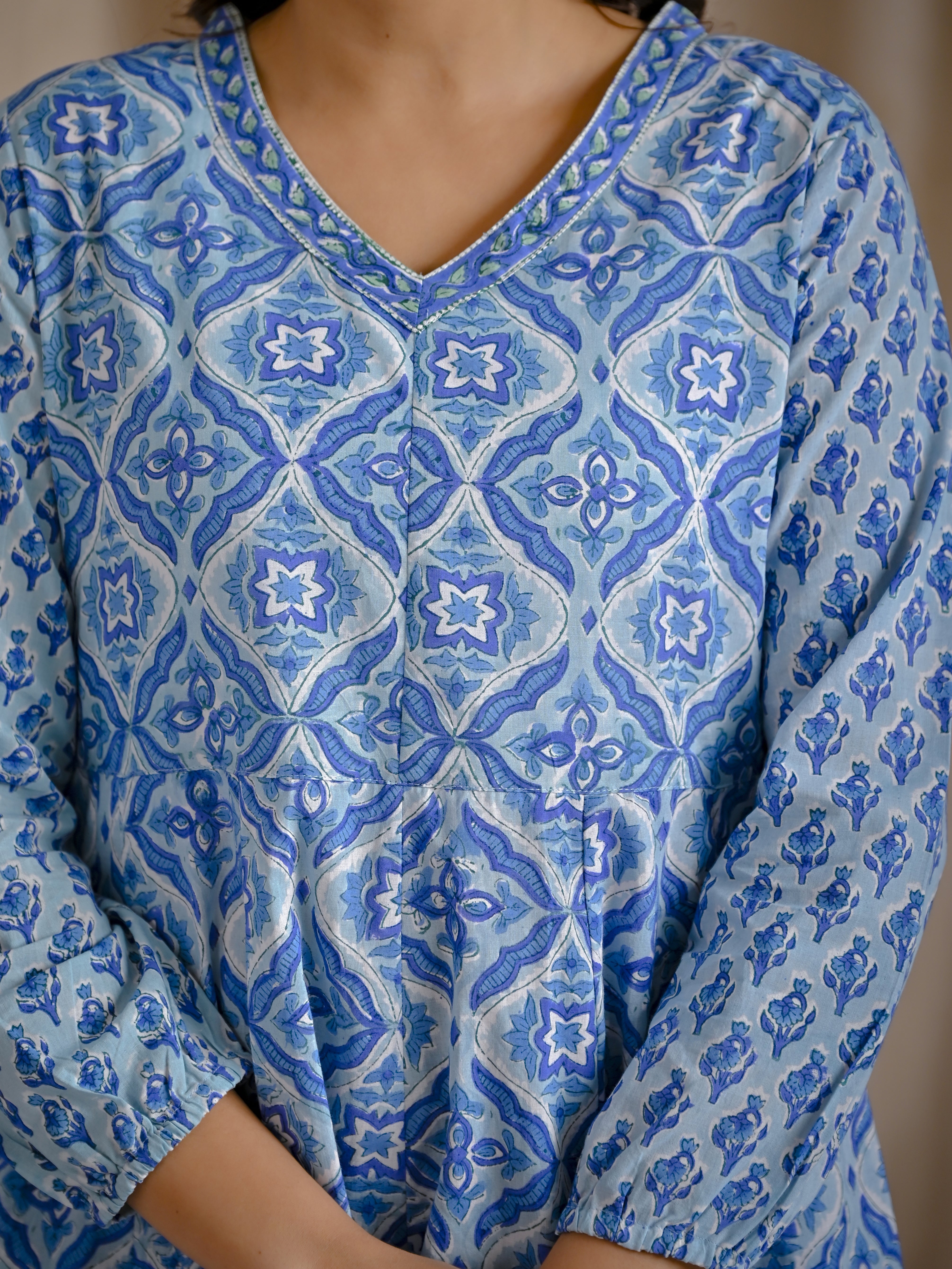 Pastel Blue Hand Block Cotton Printed Anarkali Dress