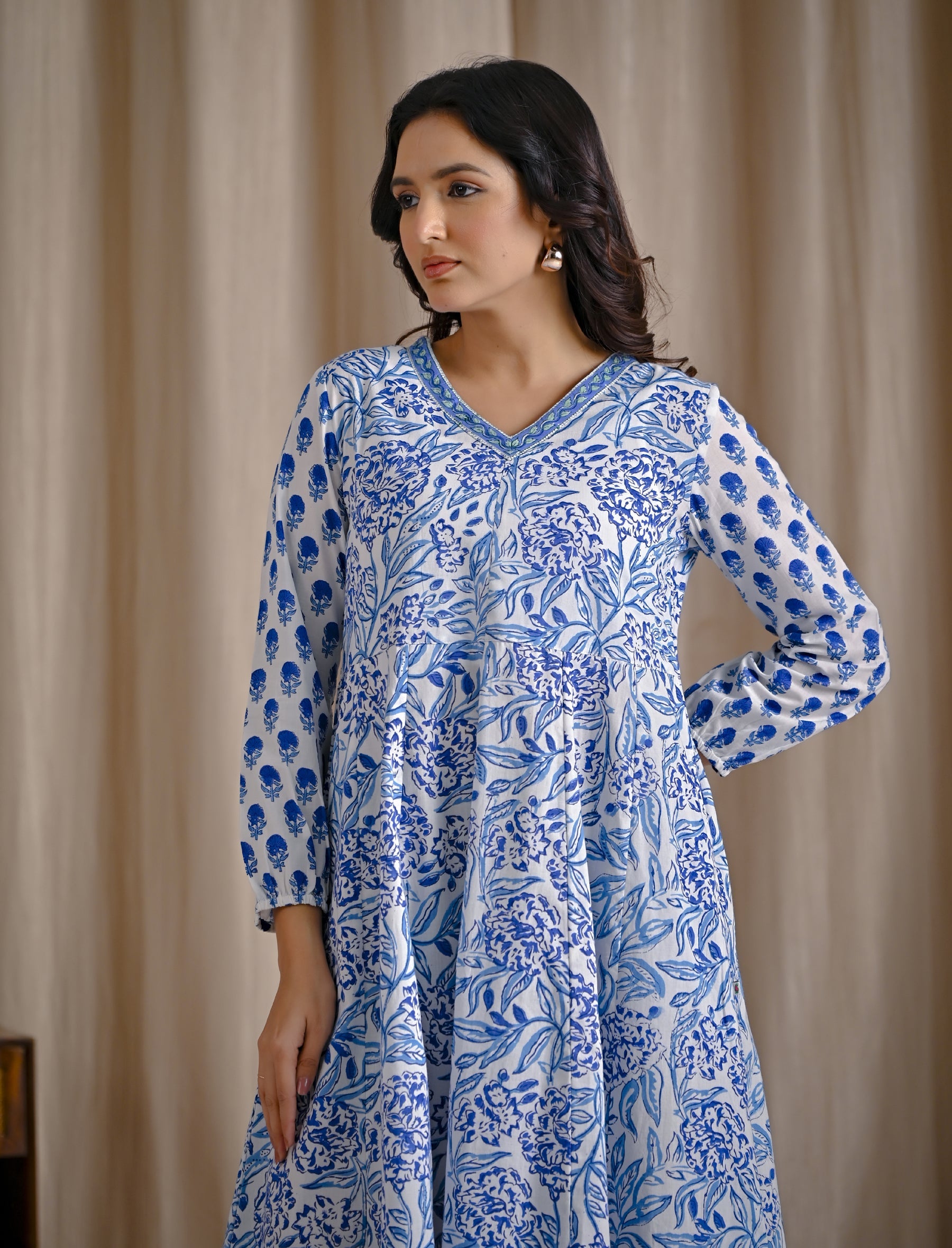 White Jaal Hand Block Cotton Printed Anarkali Dress