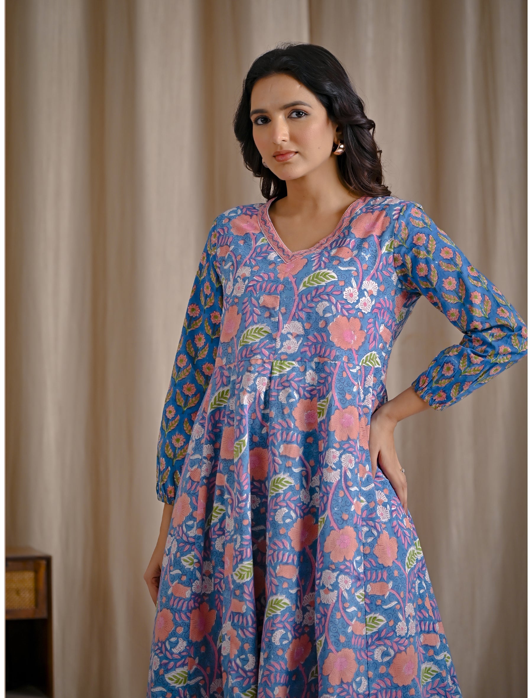 Blue Hand Block Cotton Printed Anarkali Dress