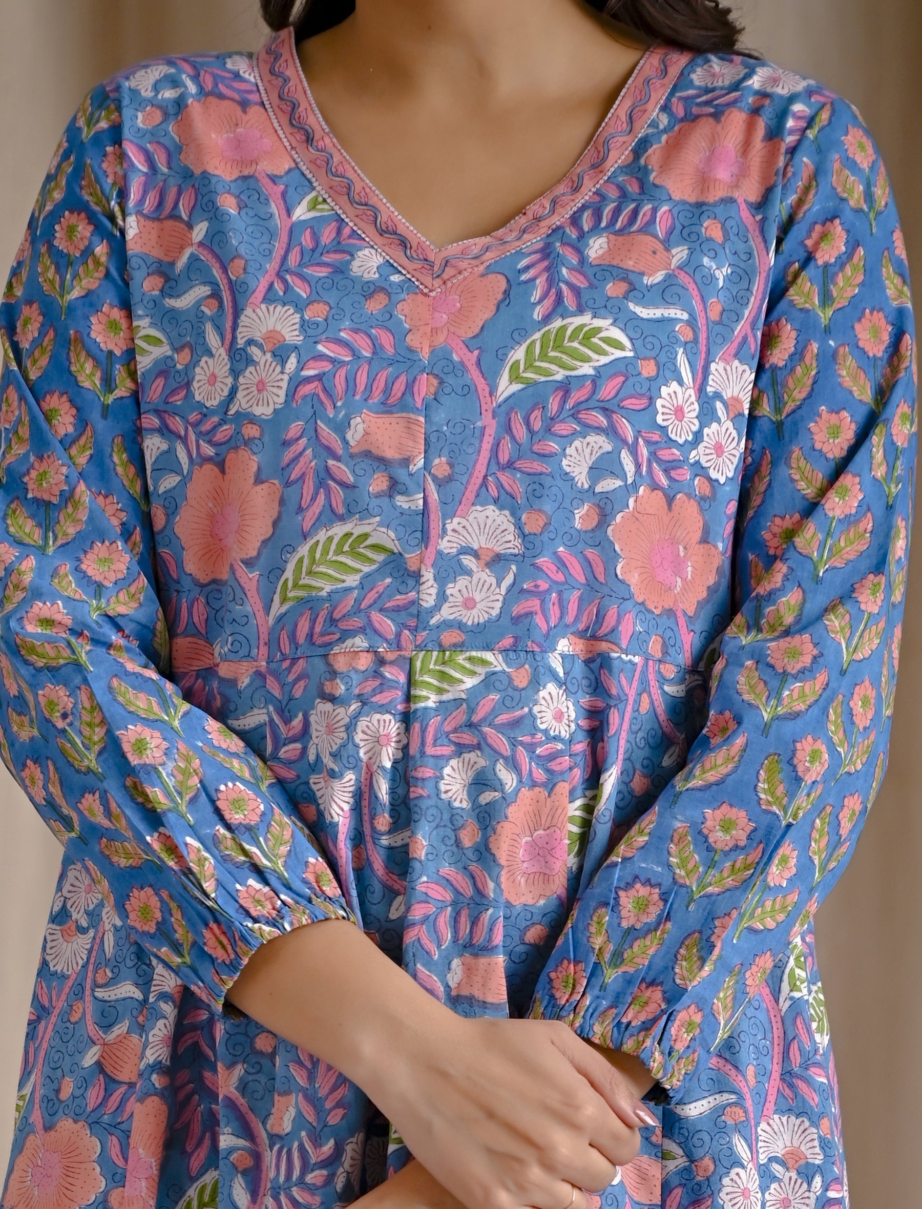 Blue Hand Block Cotton Printed Anarkali Dress