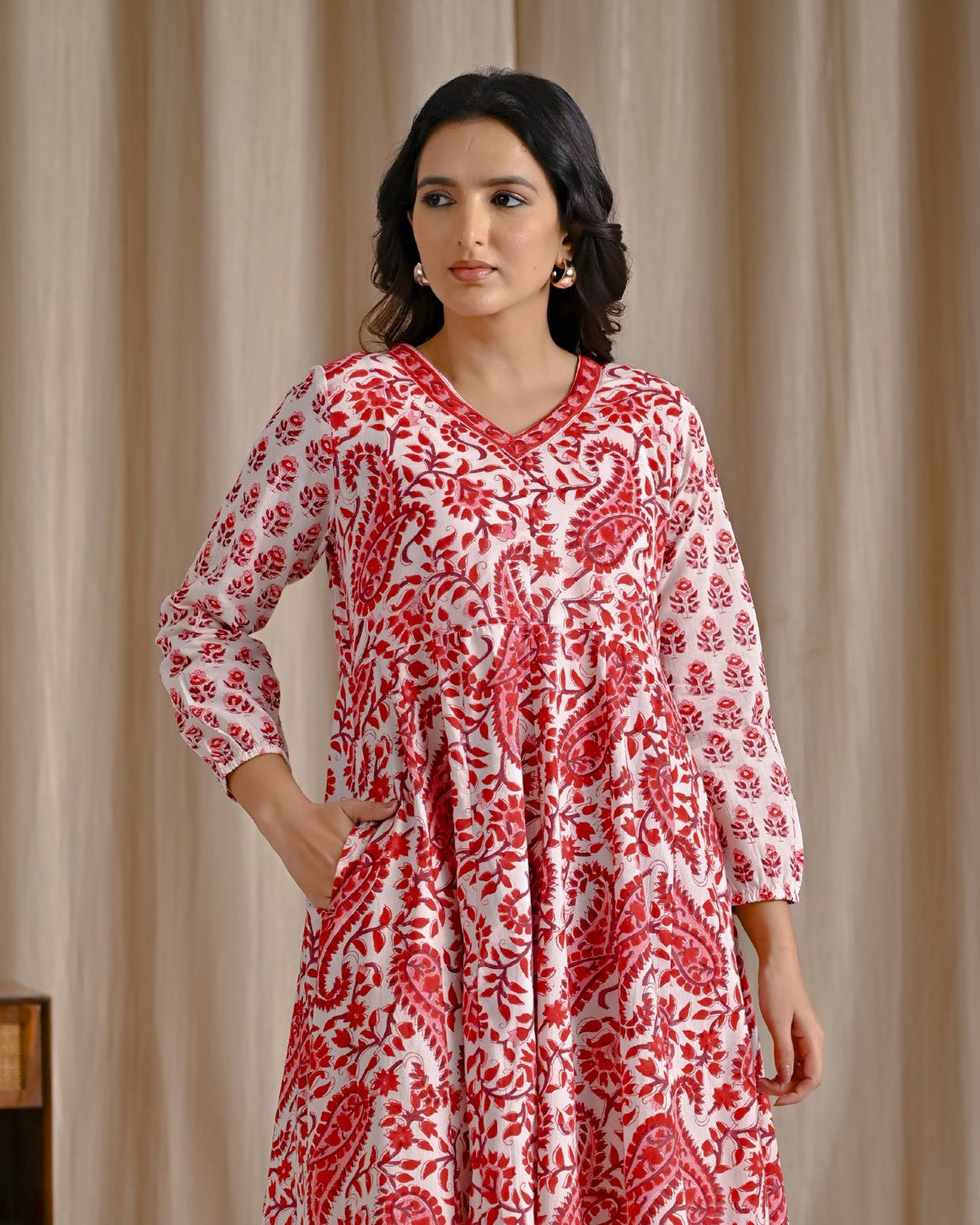 White Red Hand Block Cotton Printed Anarkali Dress