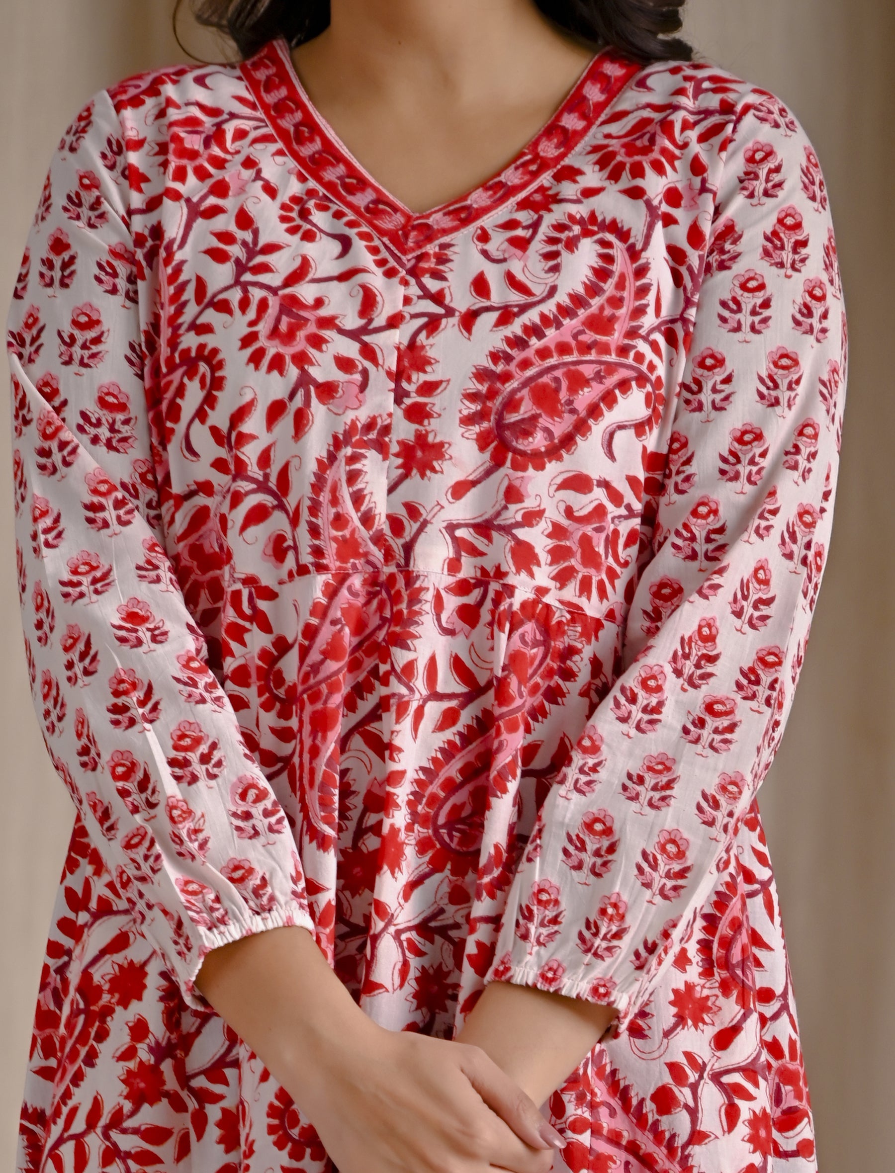 White Red Hand Block Cotton Printed Anarkali Dress