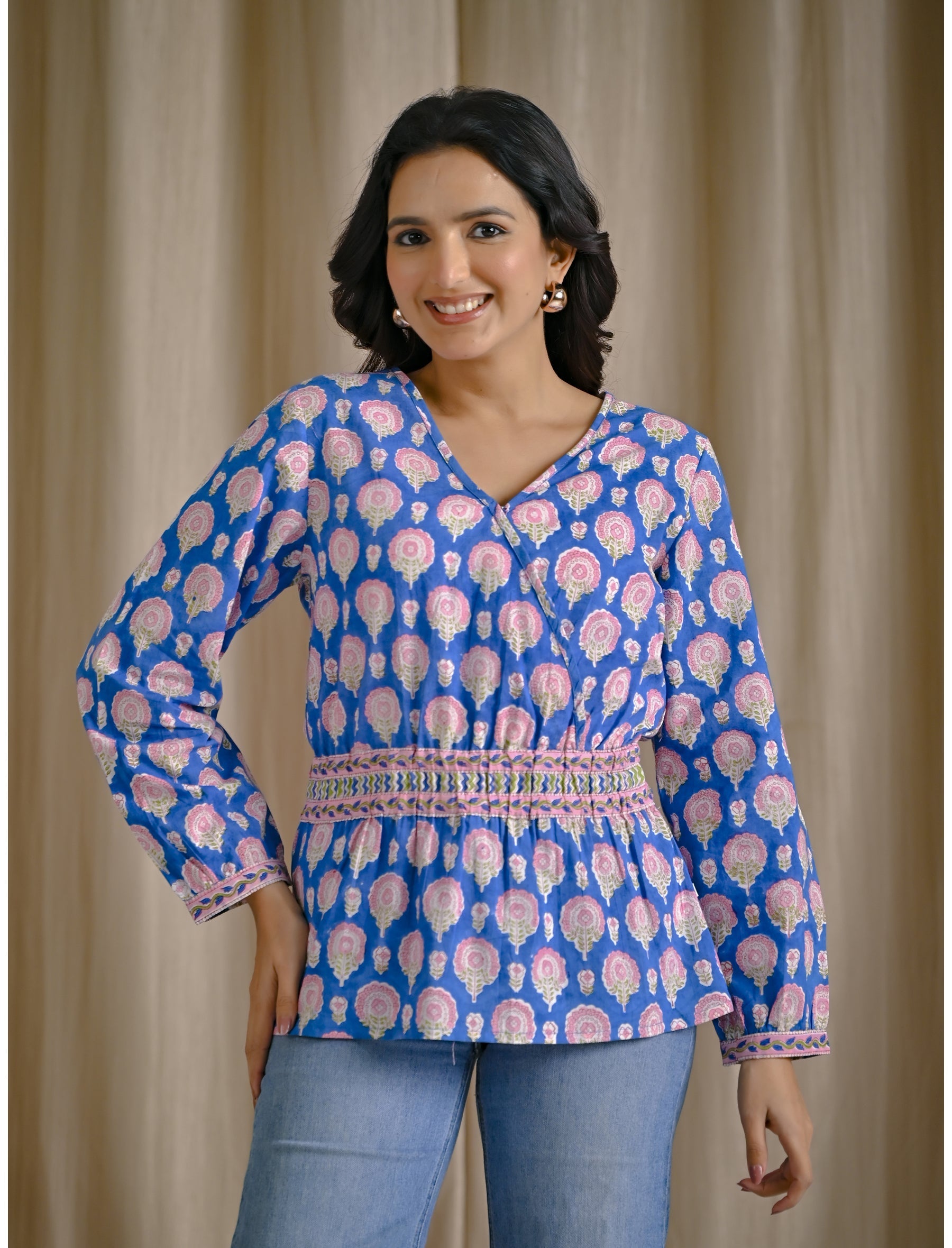 Blue Cotton Hand Block Printed Short Top