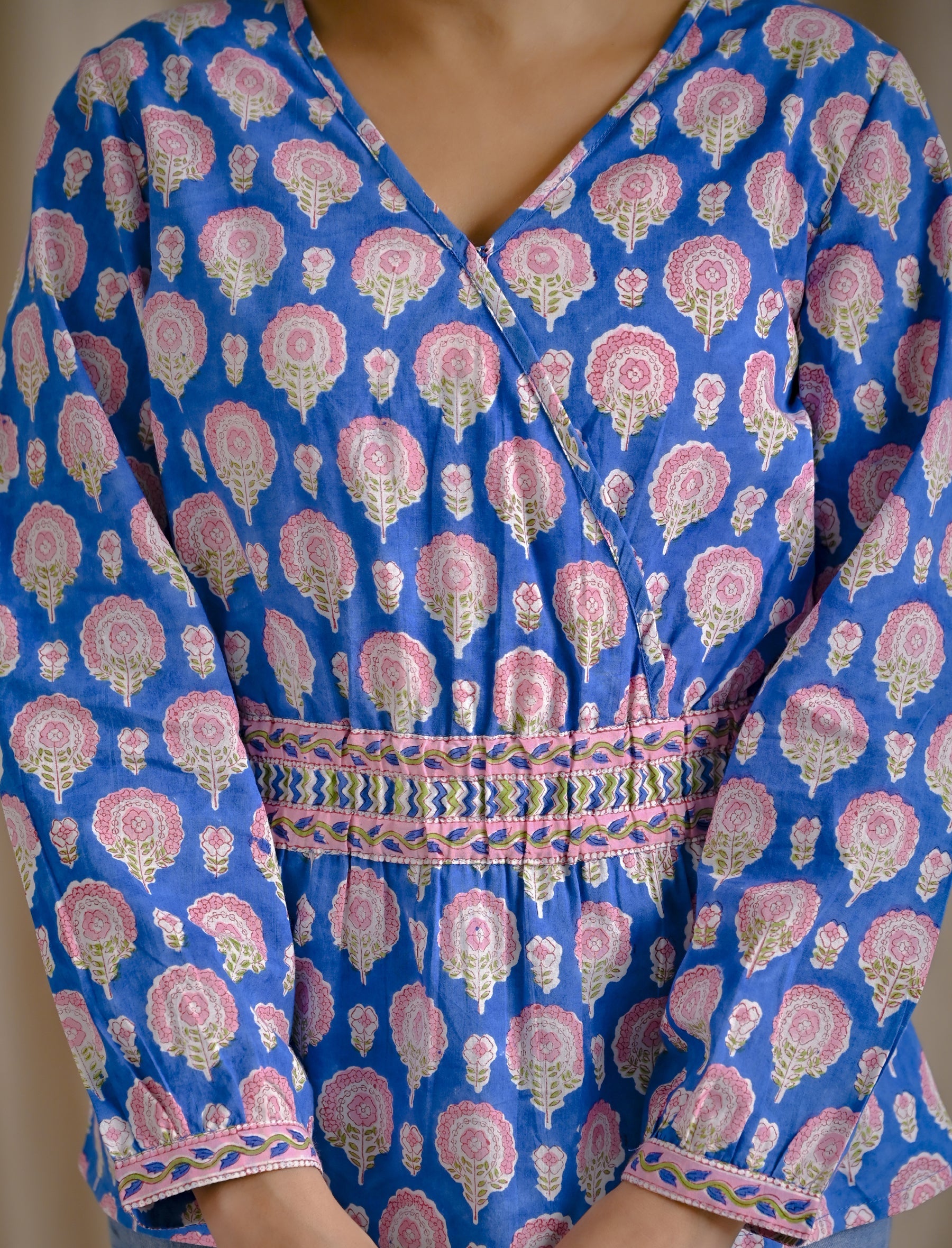 Blue Cotton Hand Block Printed Short Top