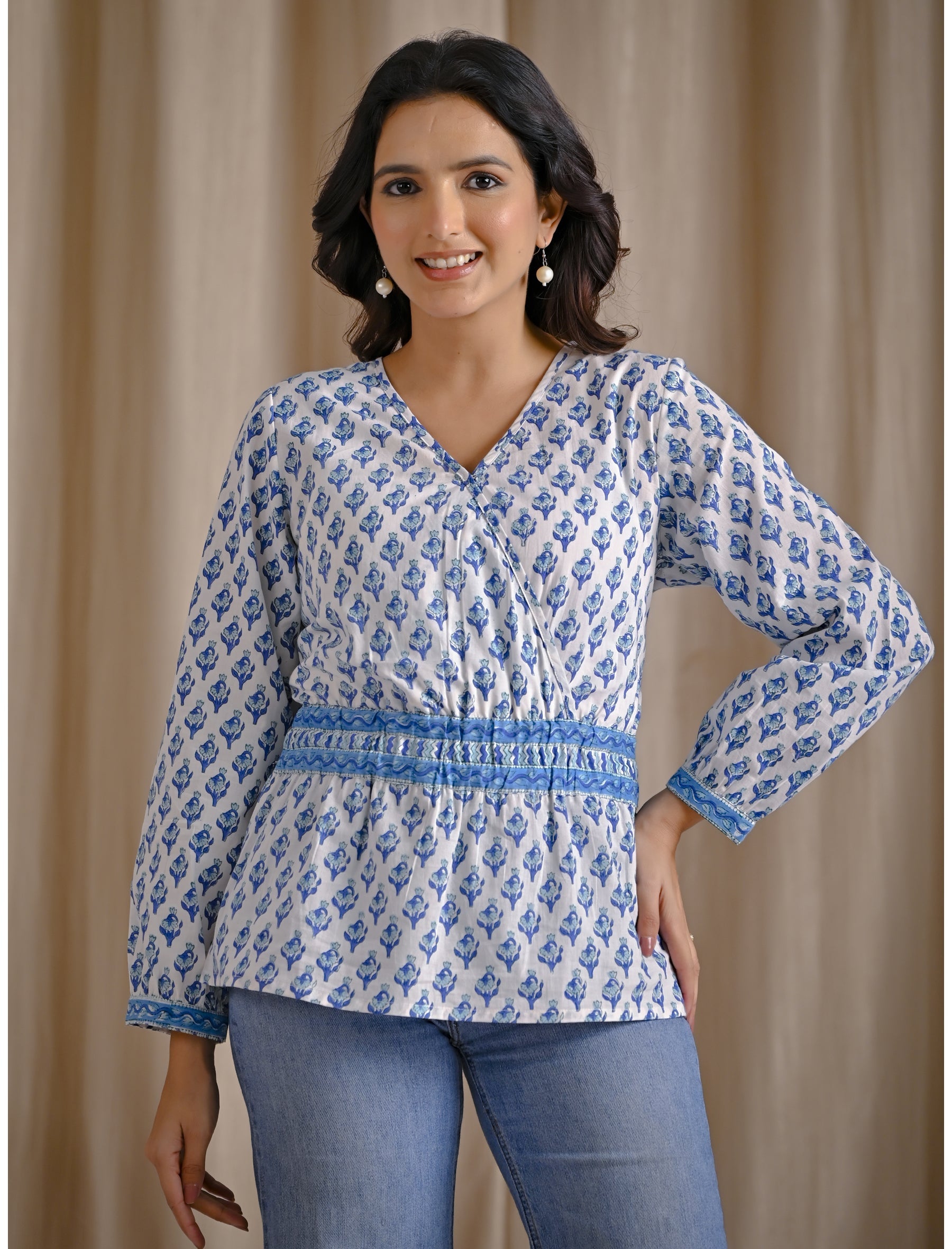 White Blue Cotton Hand Block Printed Short Top