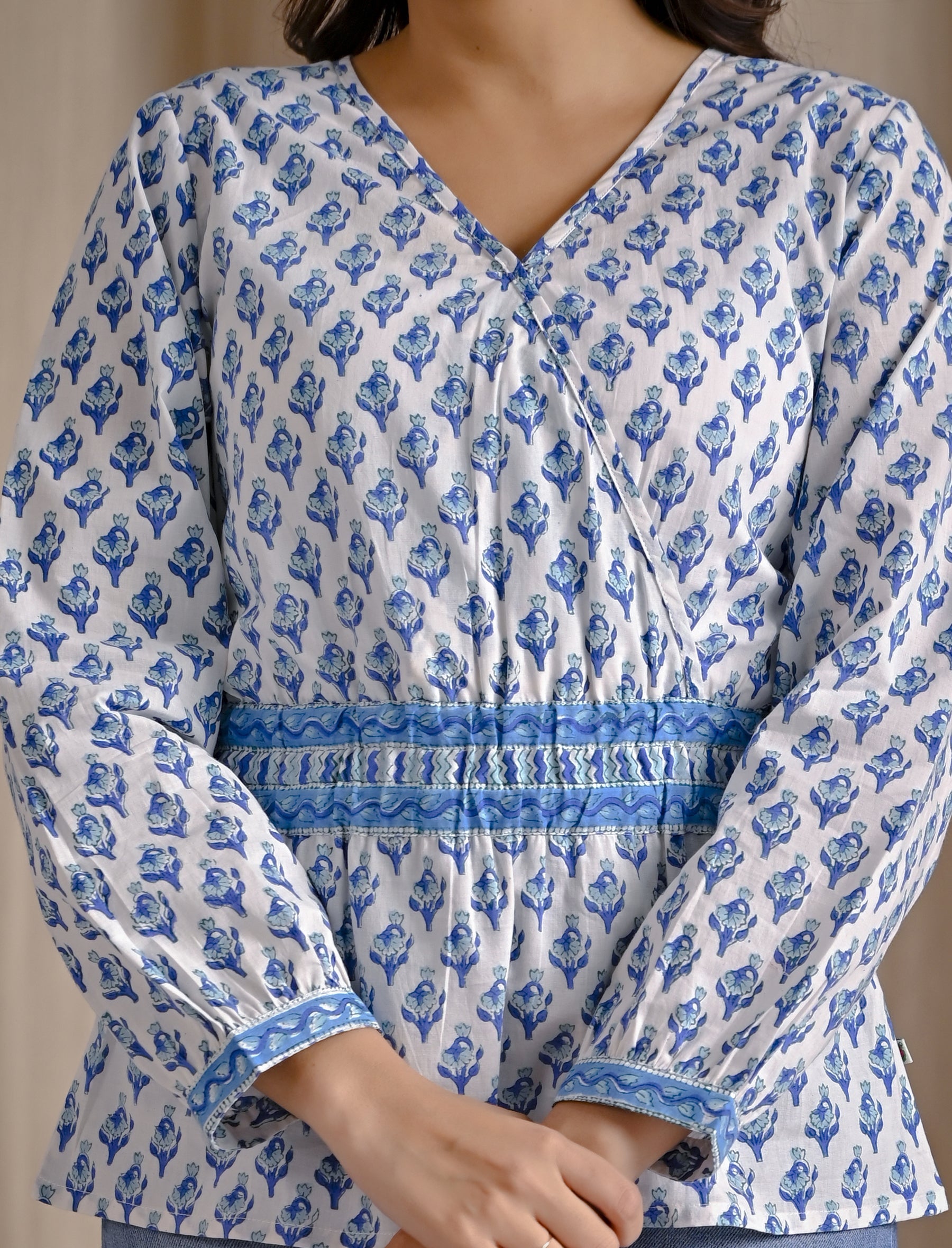 White Blue Cotton Hand Block Printed Short Top