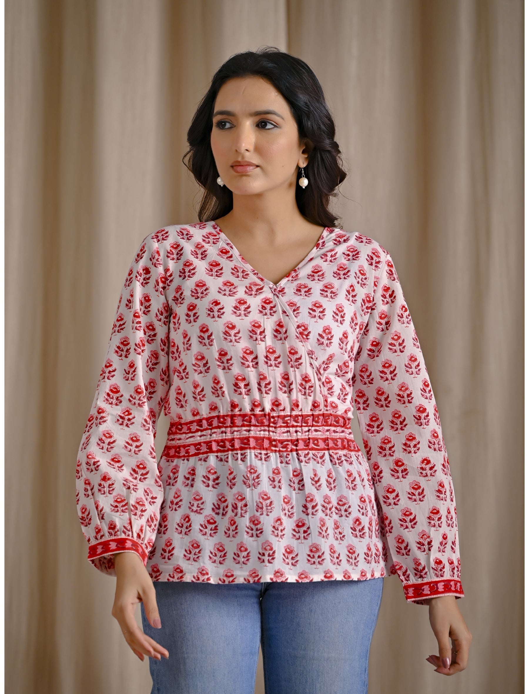 White Pink Cotton Hand Block Printed Short Top