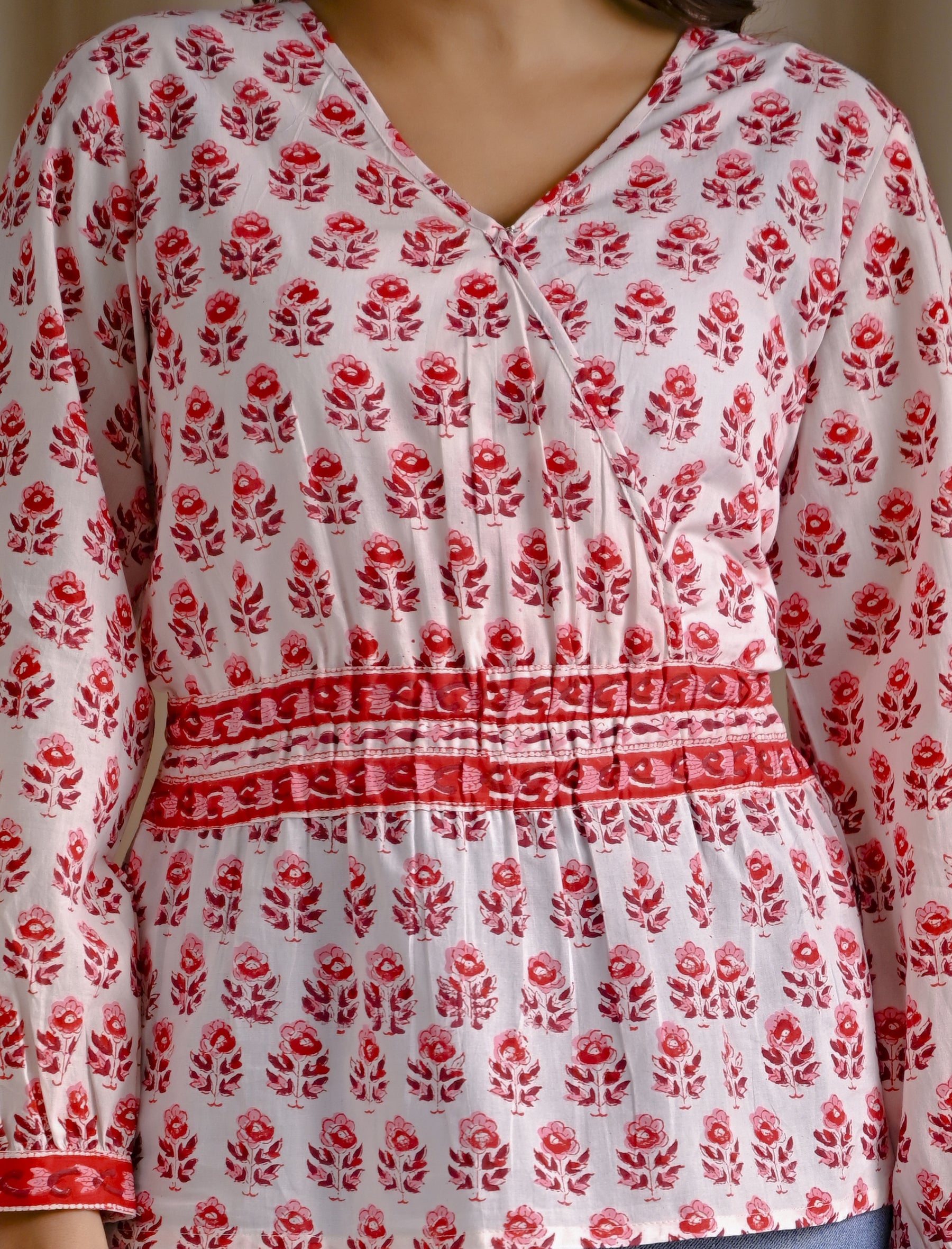 White Pink Cotton Hand Block Printed Short Top
