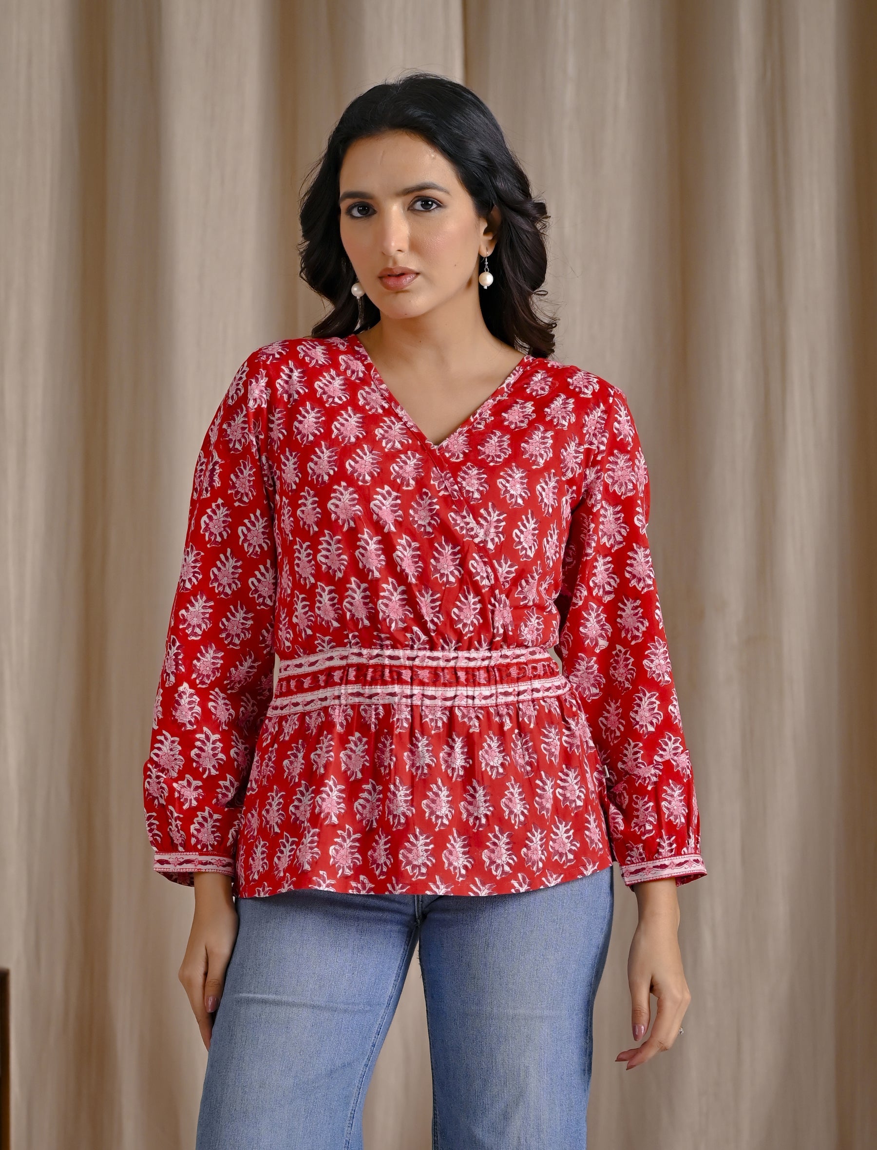 Red Cotton Hand Block Printed Short Top