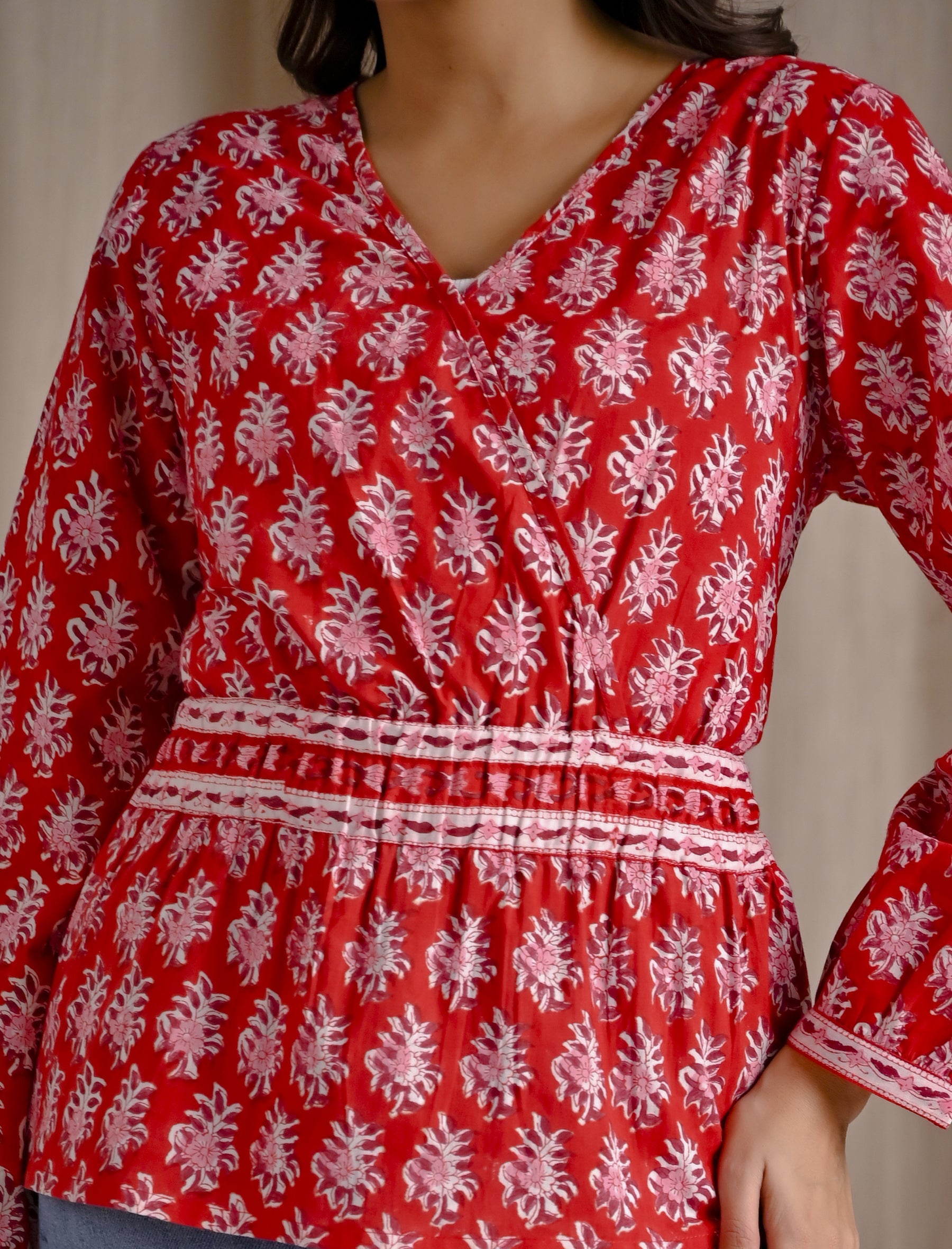 Red Cotton Hand Block Printed Short Top