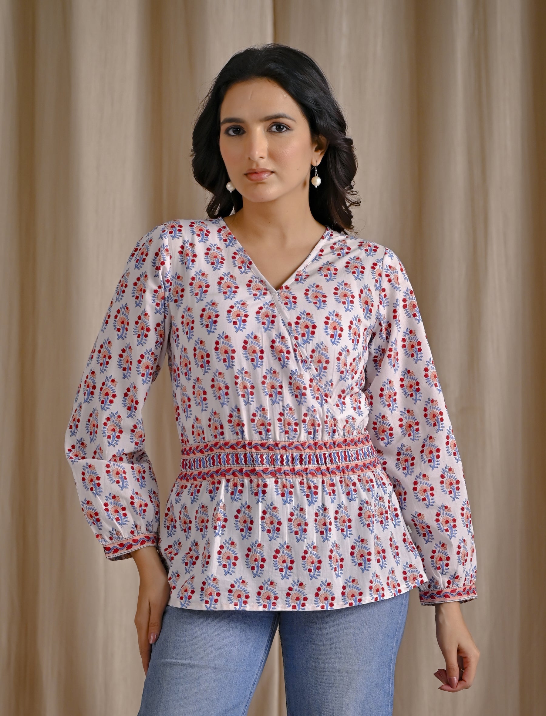 White Cotton Hand Block Printed Short Top