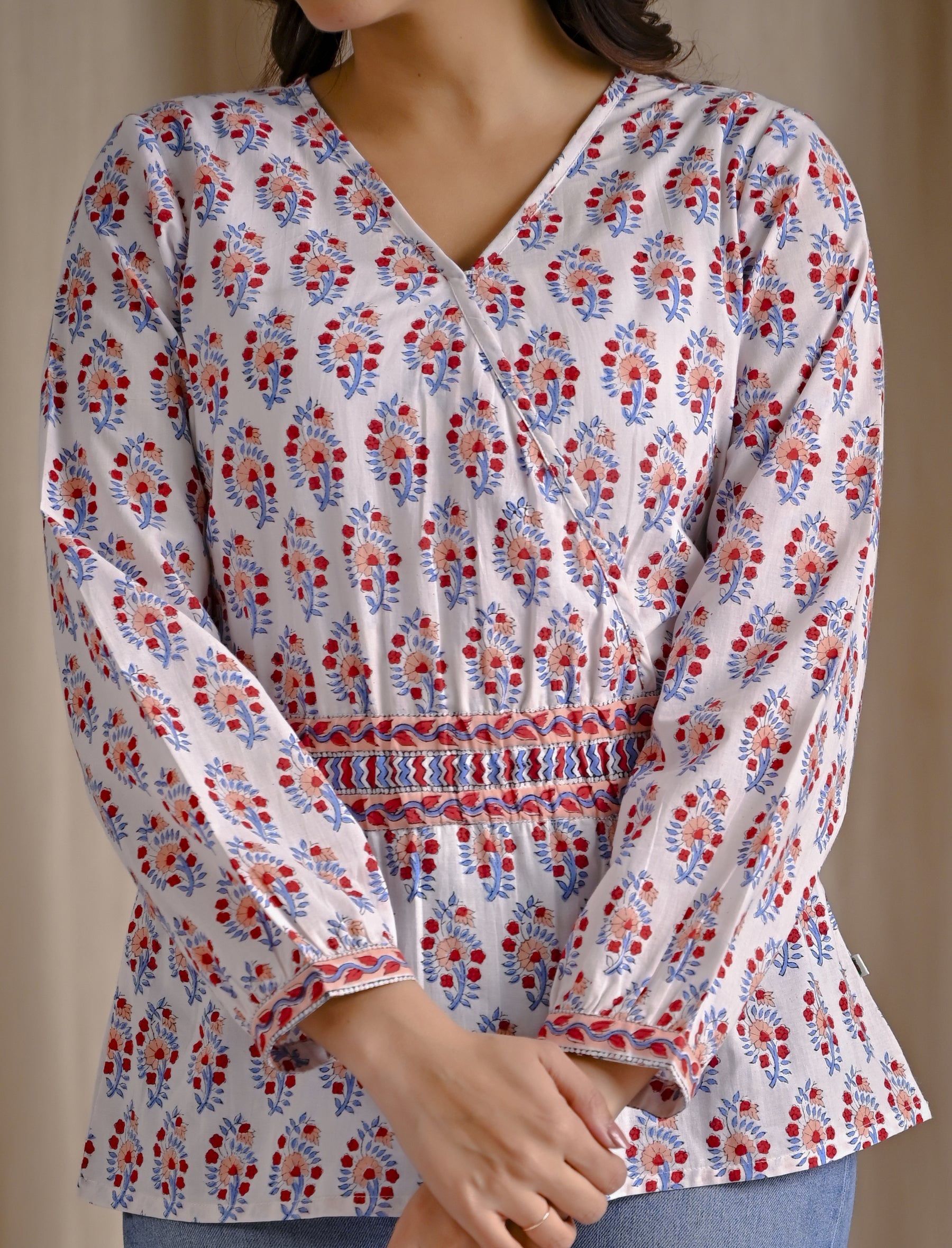White Cotton Hand Block Printed Short Top