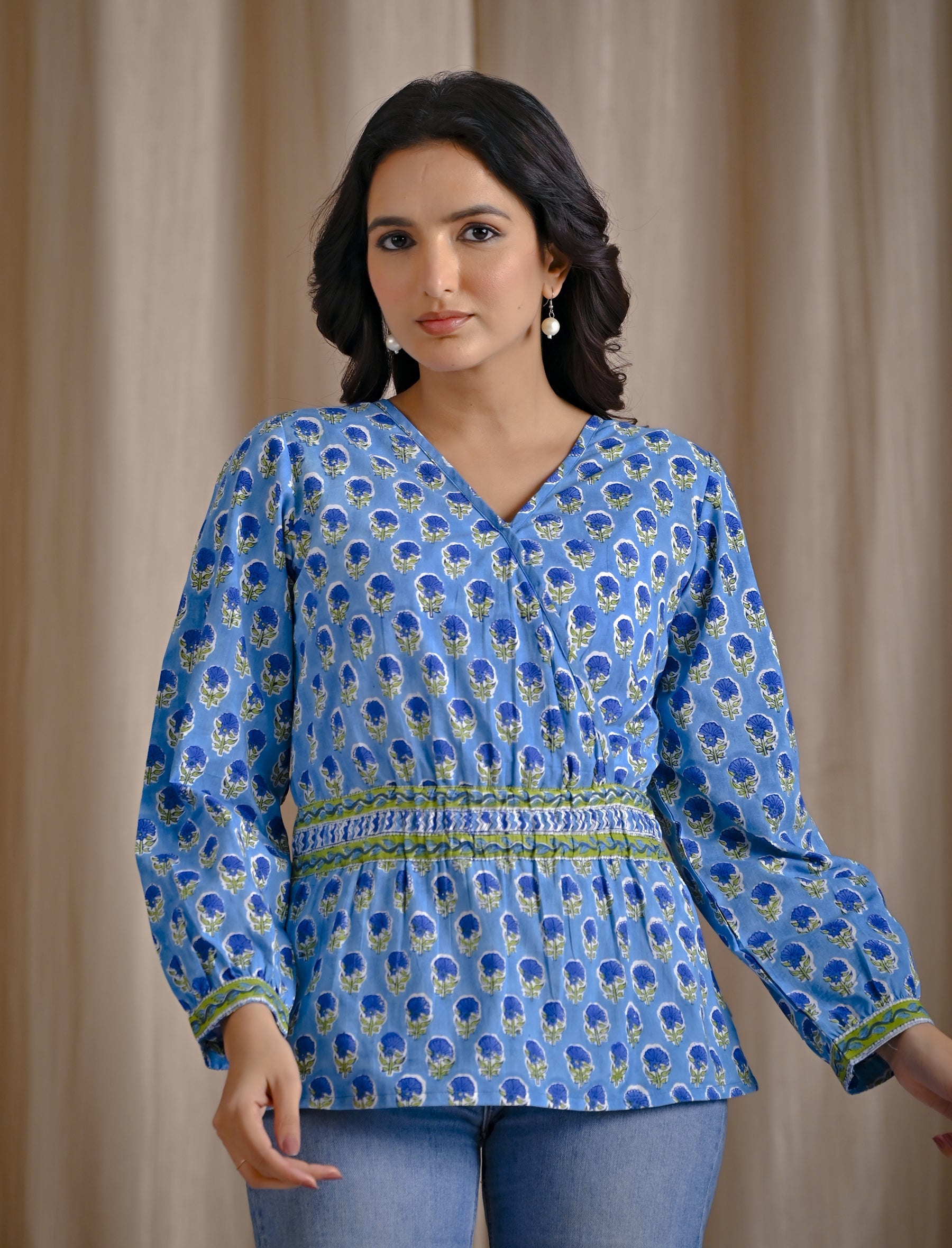Sky Blue Cotton Hand Block Printed Short Top