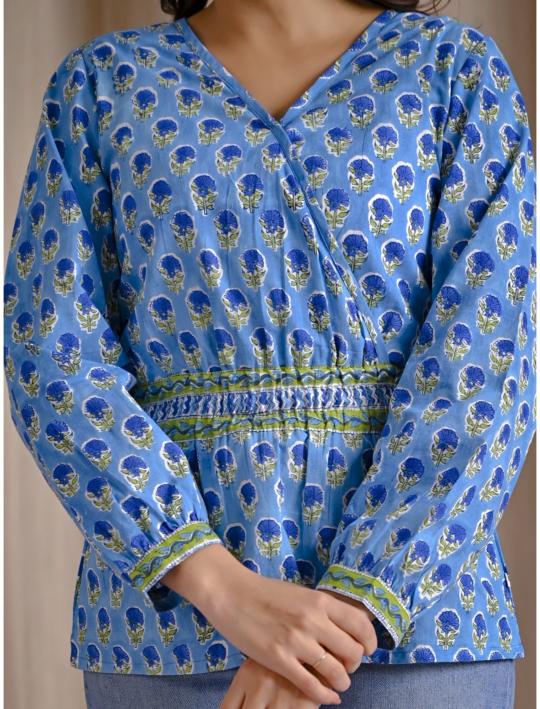 Sky Blue Cotton Hand Block Printed Short Top