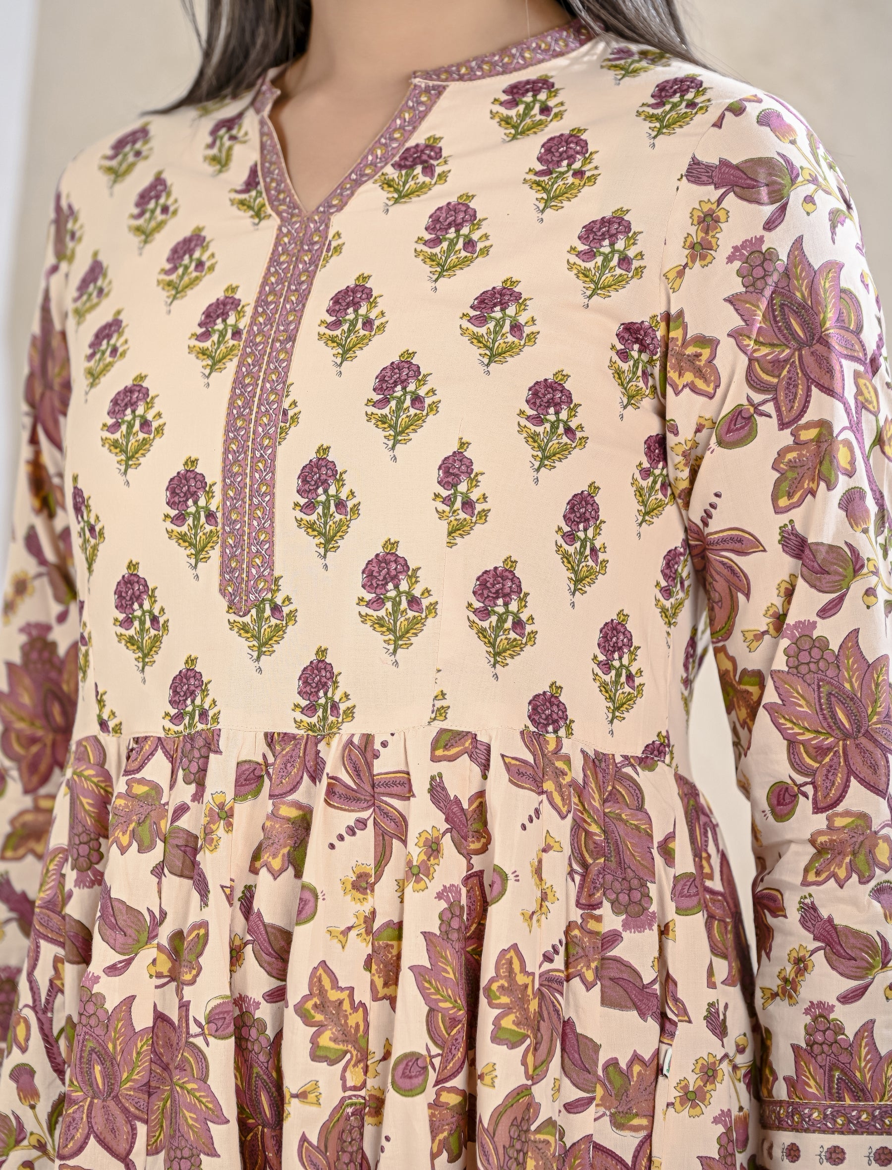 Cream Mauve Jaal Printed Cotton Long Dress