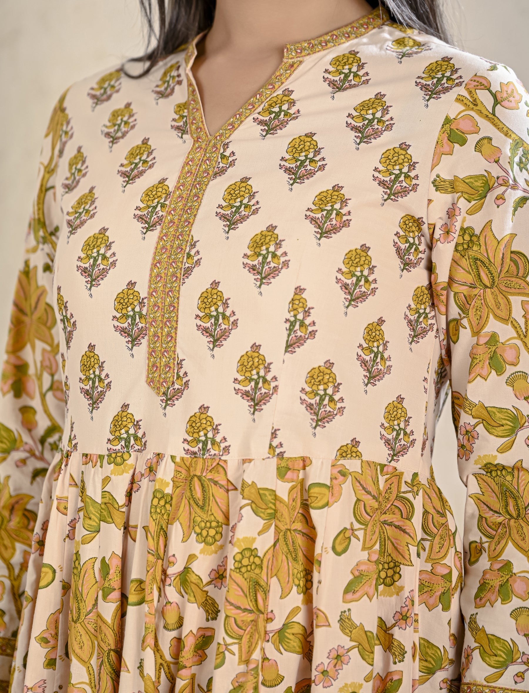 Cream Mustard Jaal Printed Cotton Long Dress