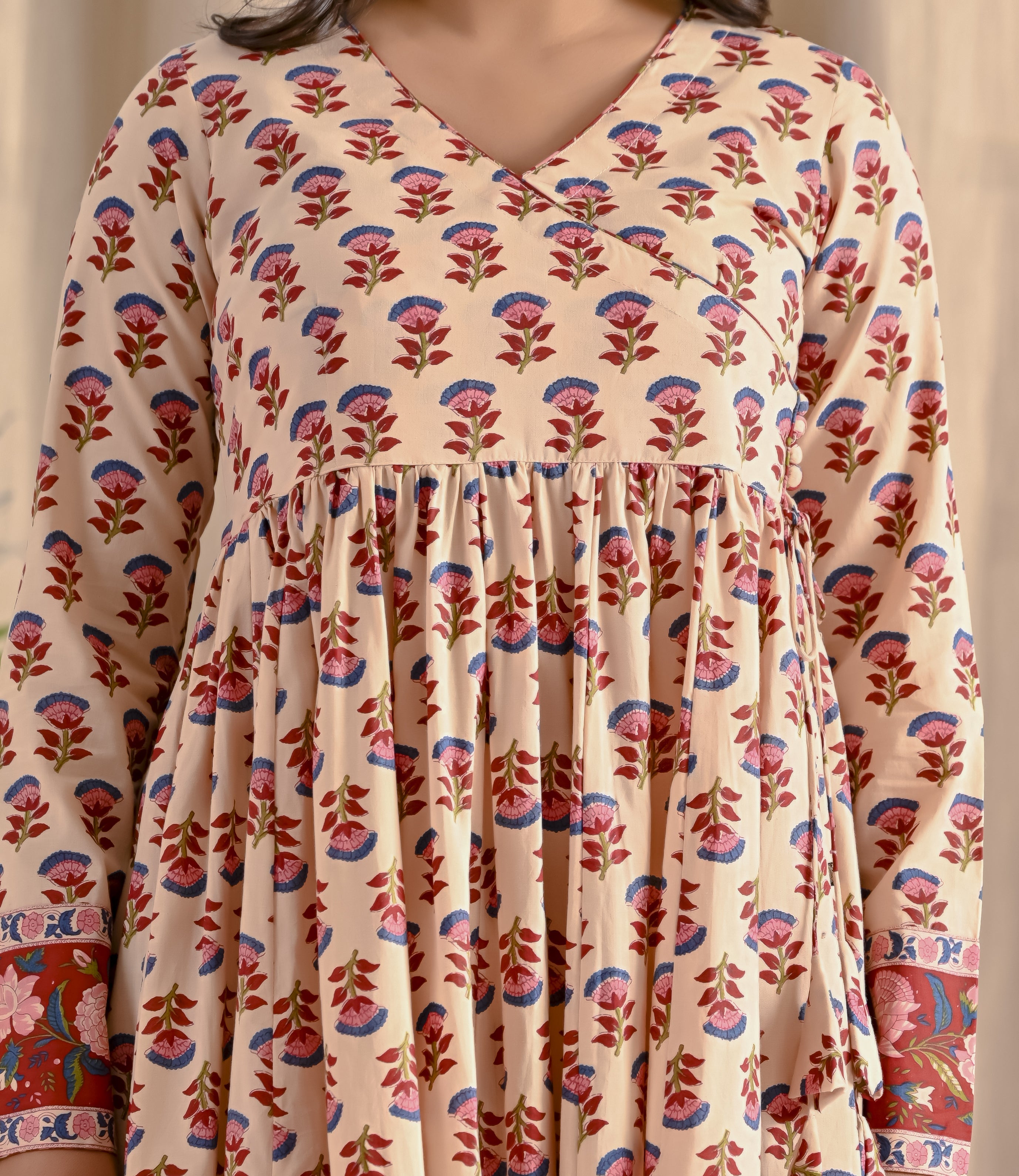 Cream Butta Cotton Printed Angrakha Long Dress With Flare