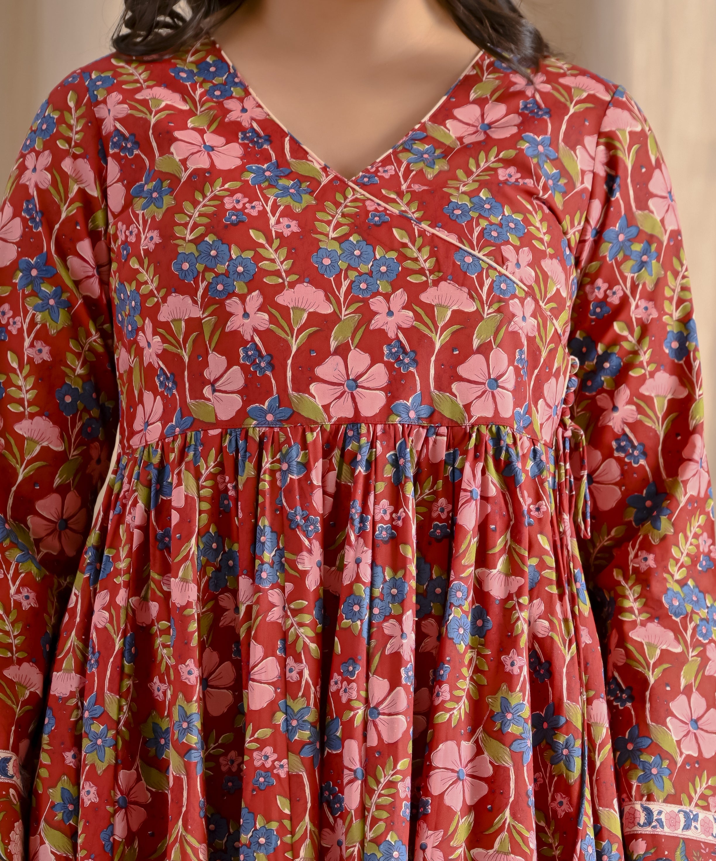 Red Jaal Cotton Printed Angrakha Long Dress With Flare