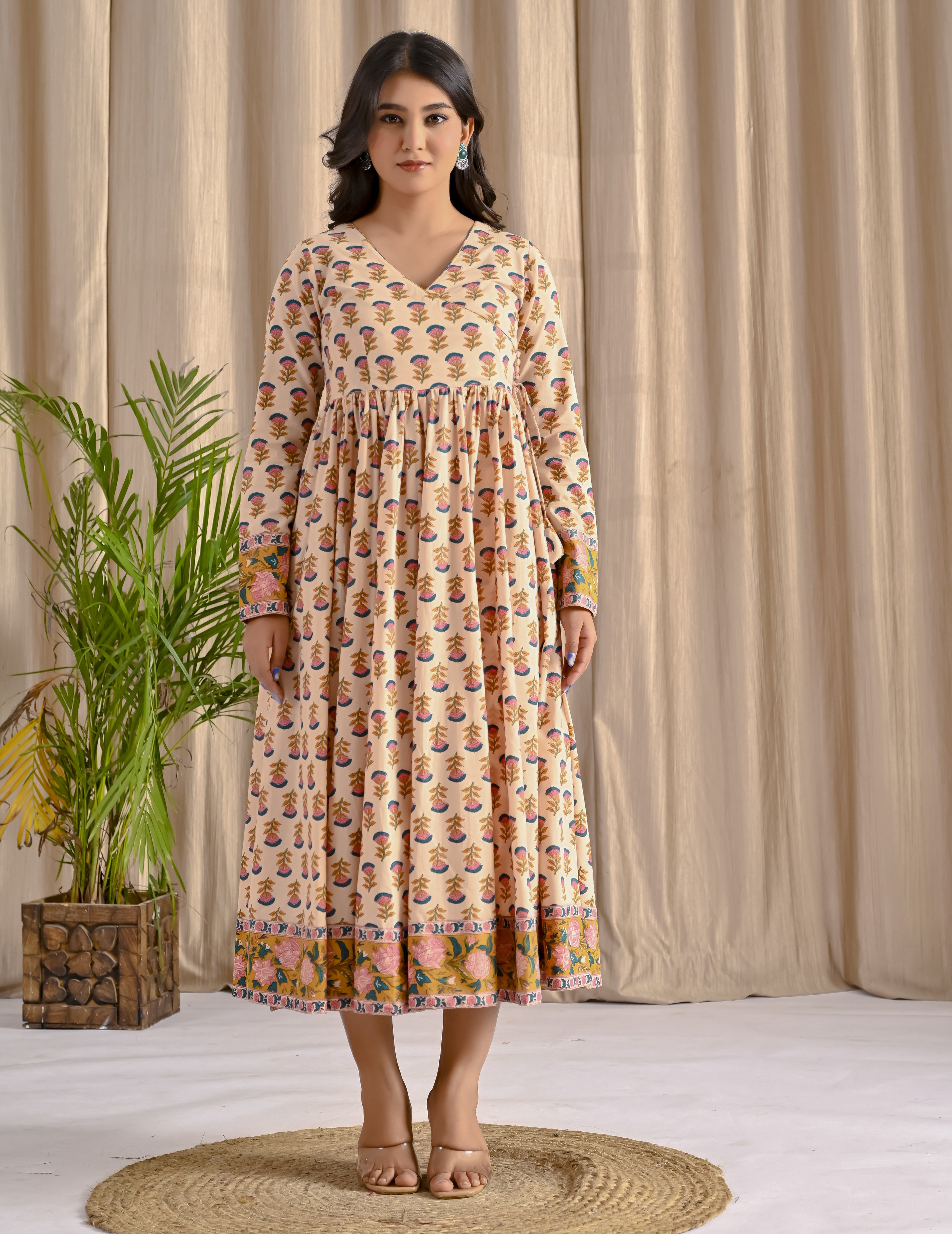 Cream Pink Cotton Butta Printed Angrakha Long Dress With Flare