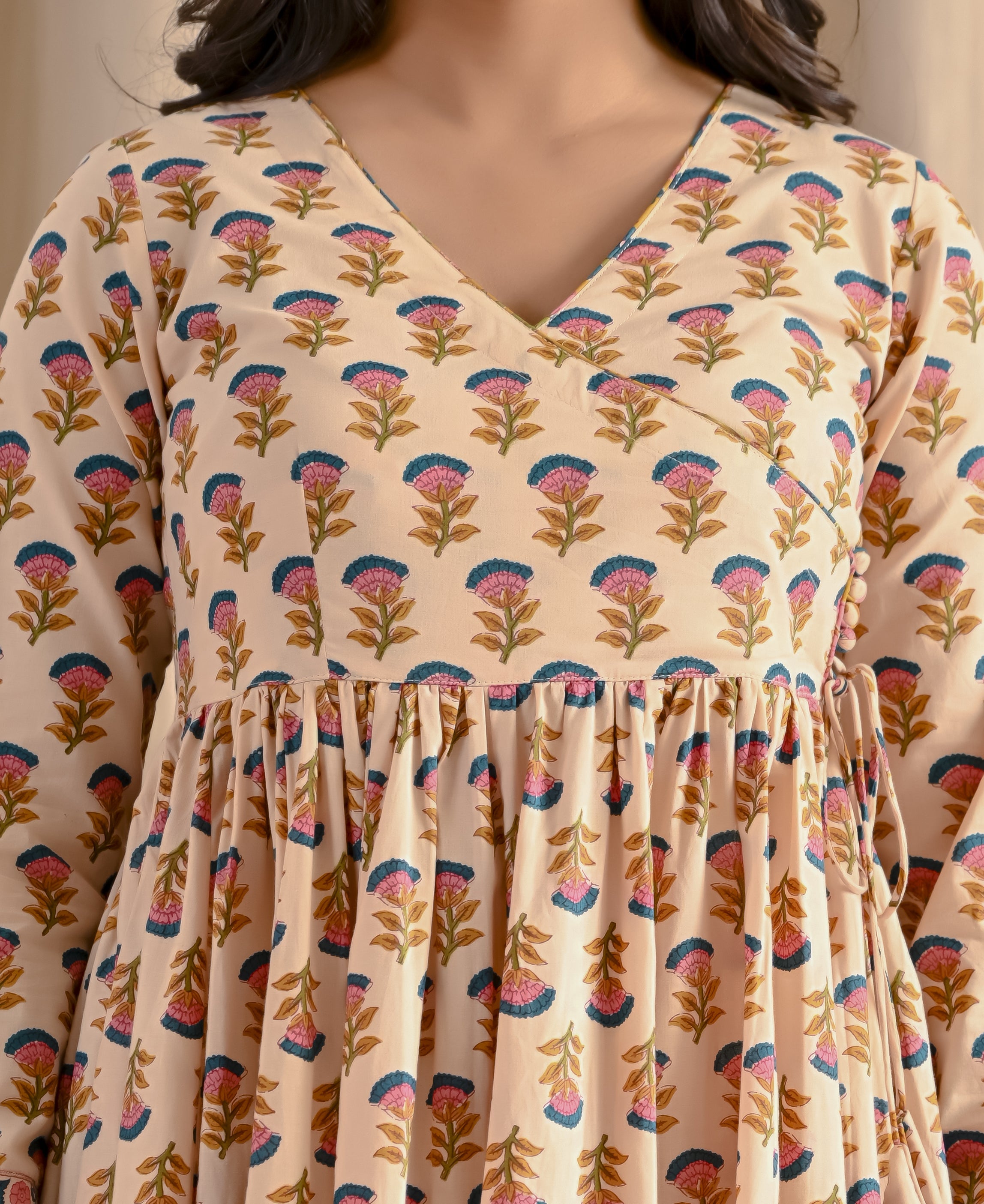Cream Pink Cotton Butta Printed Angrakha Long Dress With Flare