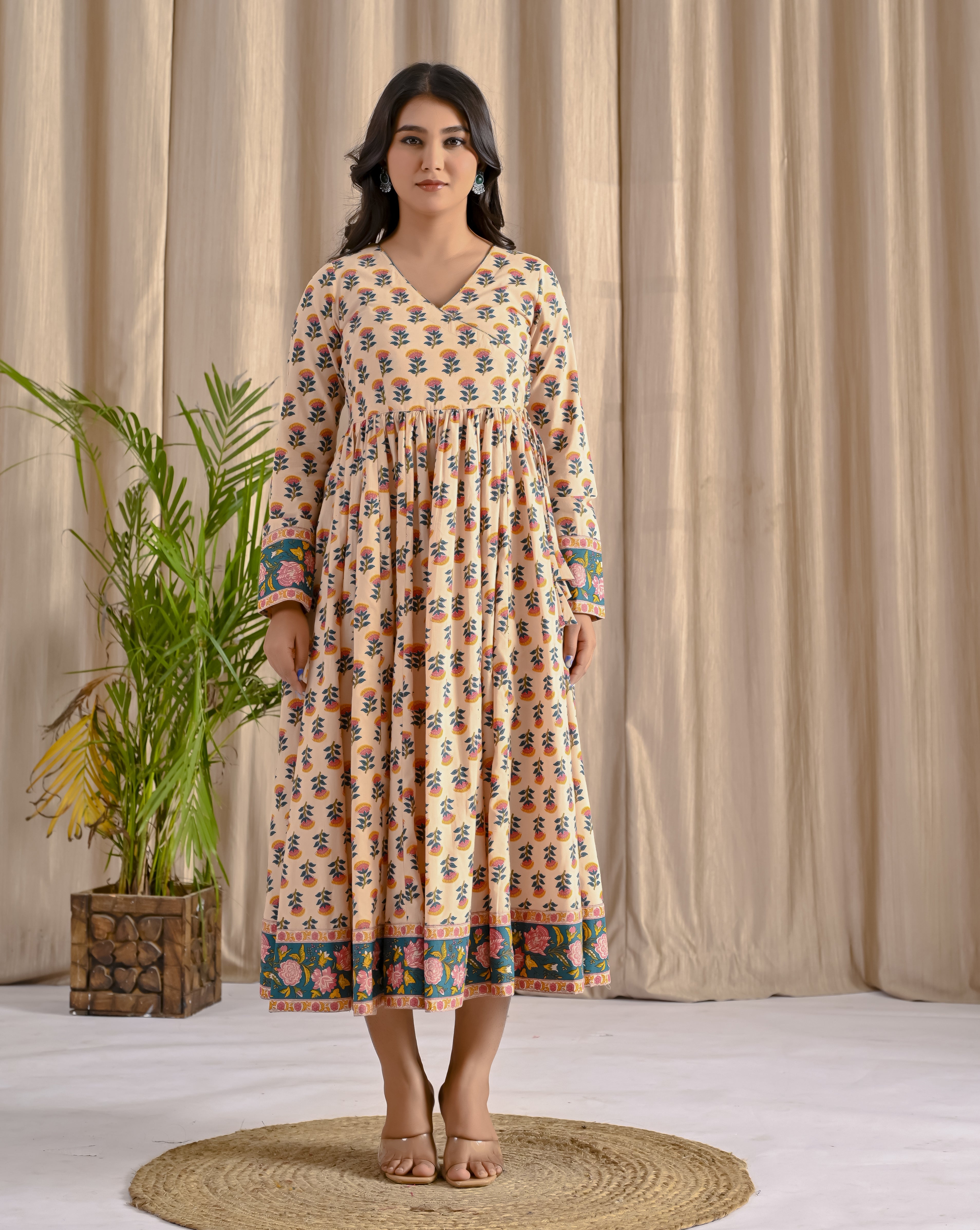Cream Butta Cotton Printed Angrakha Long Dress With Flare