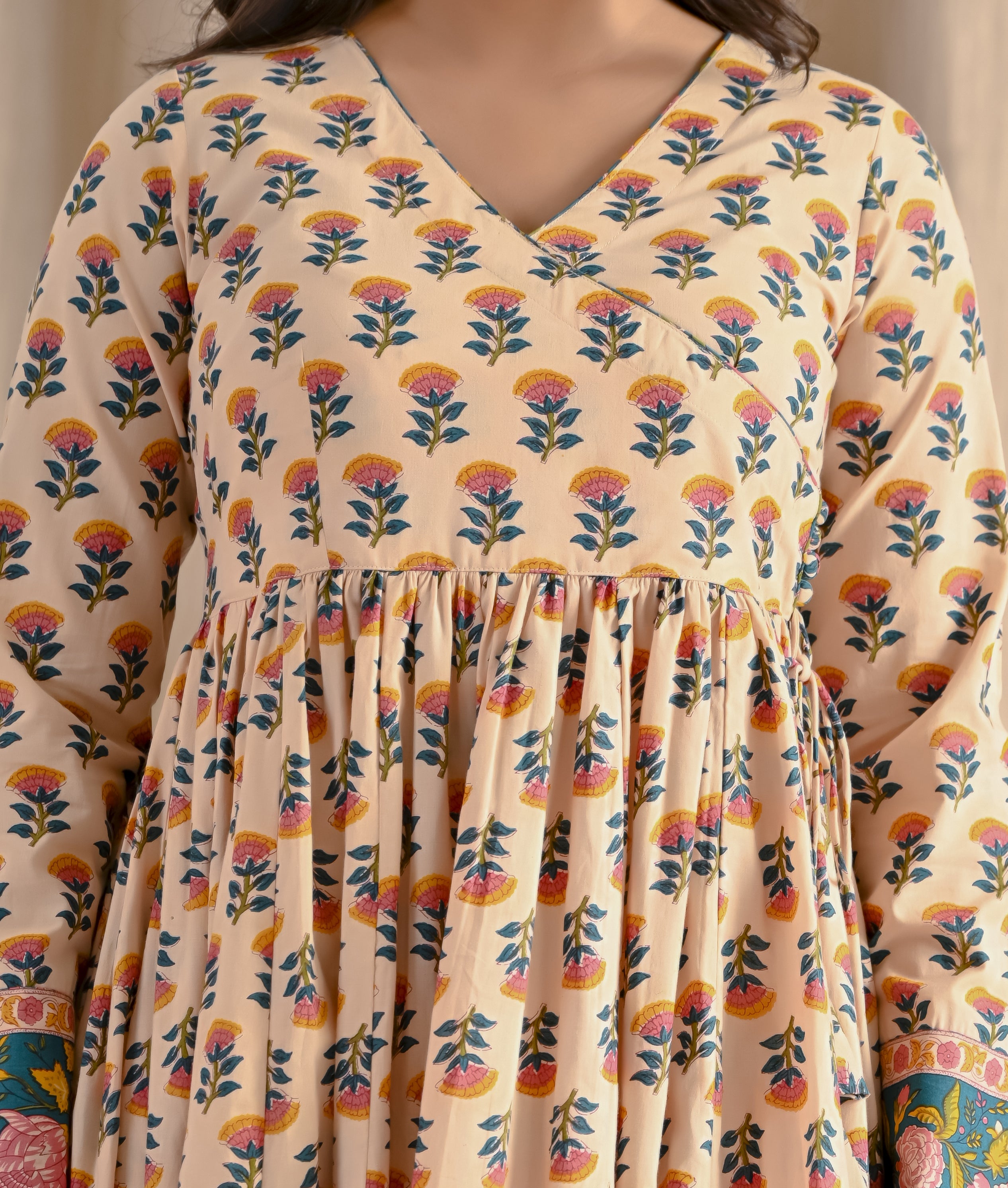 Cream Butta Cotton Printed Angrakha Long Dress With Flare