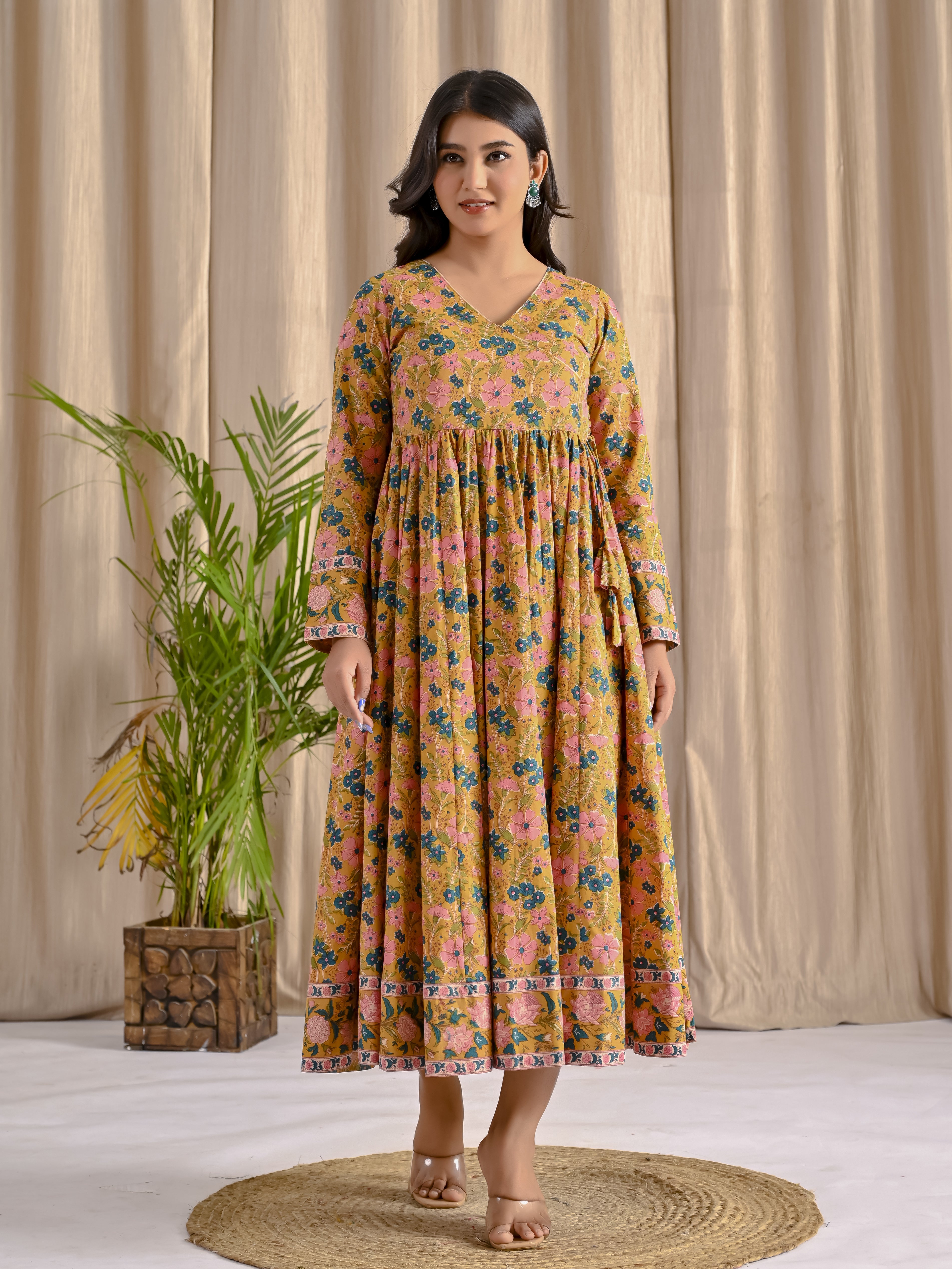Yellow Jaal Cotton Printed Angrakha Long Dress With Flare