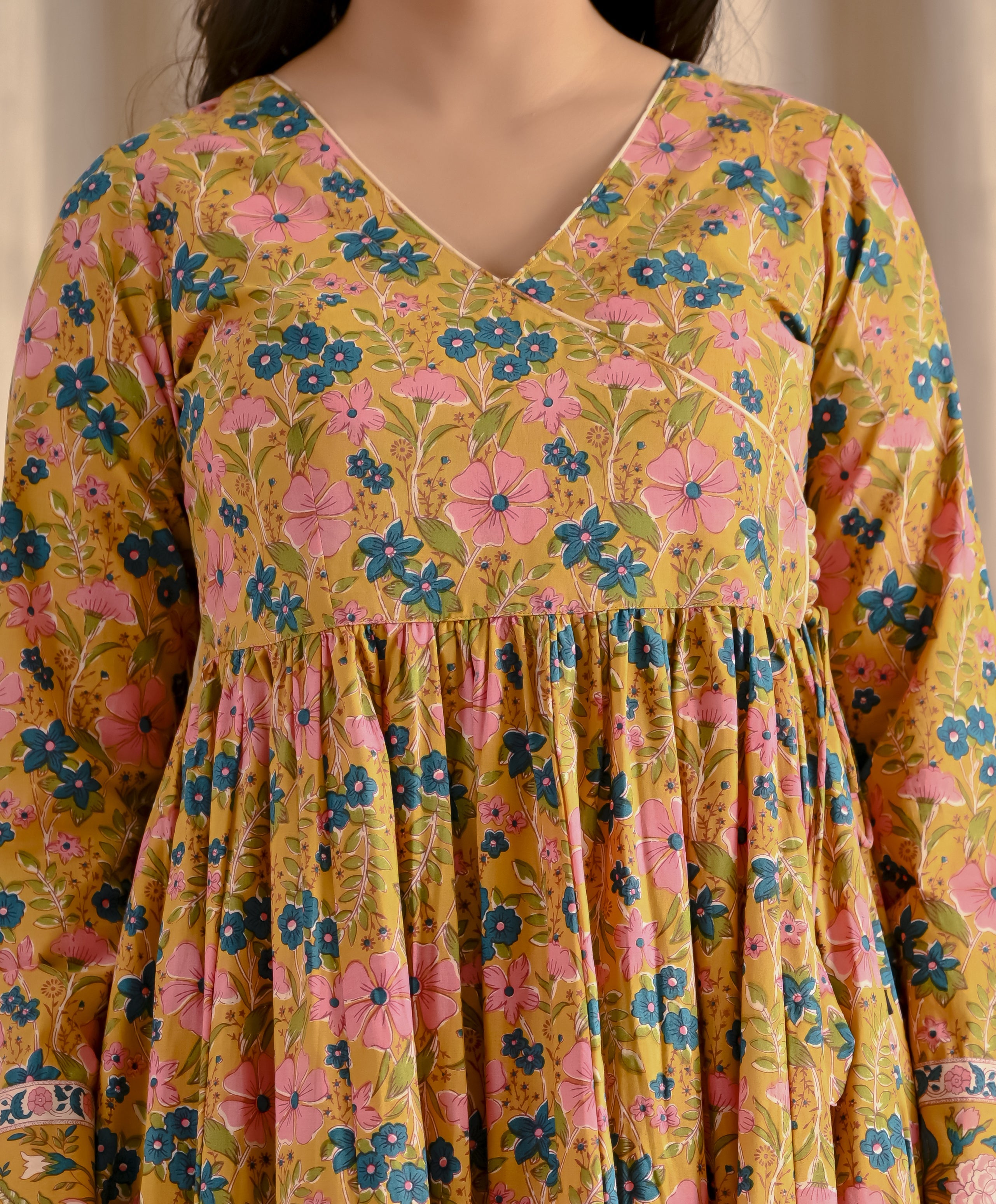 Yellow Jaal Cotton Printed Angrakha Long Dress With Flare