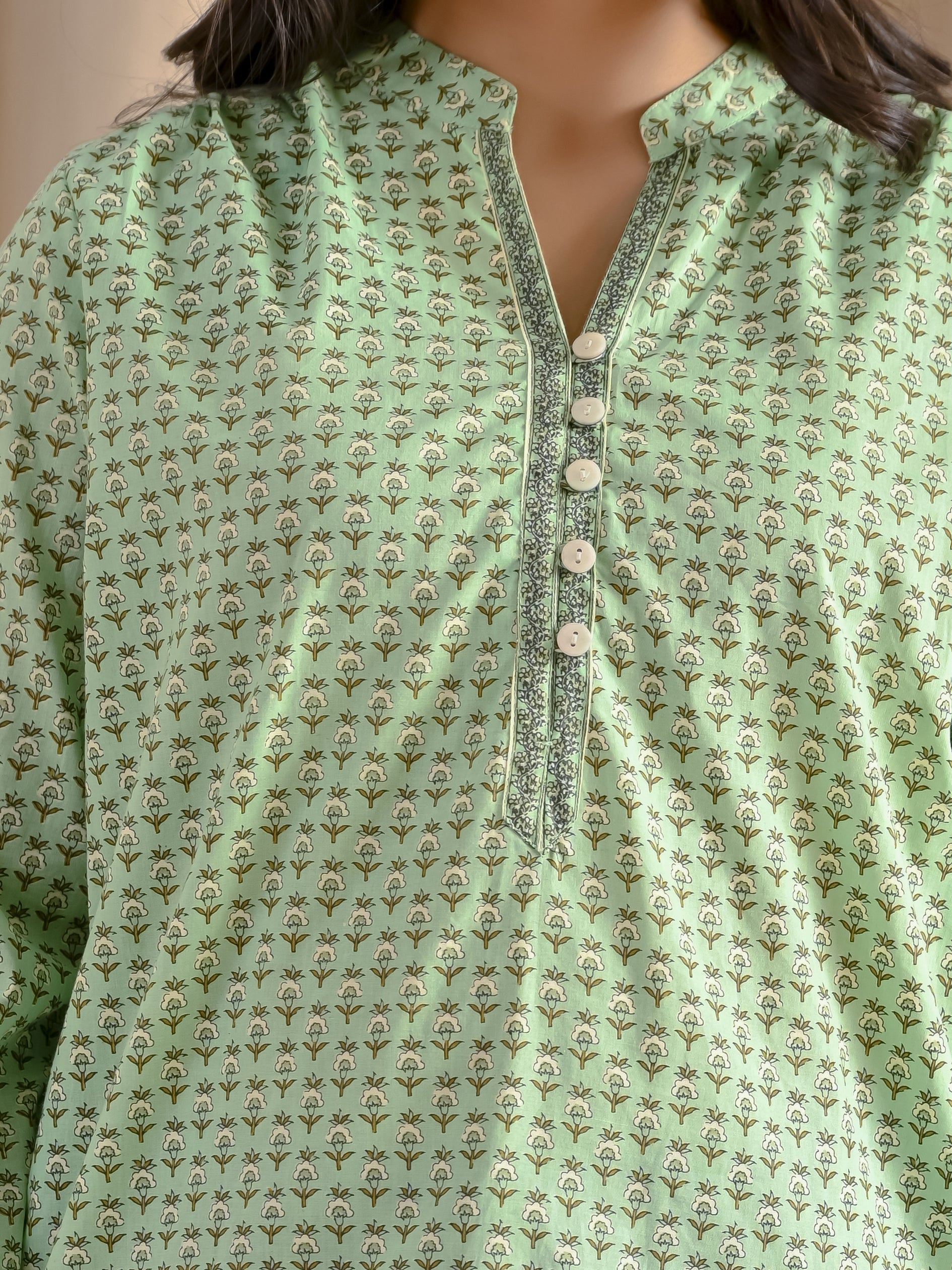 Pastel Green Barik Butti Cotton Top With Front Buttons