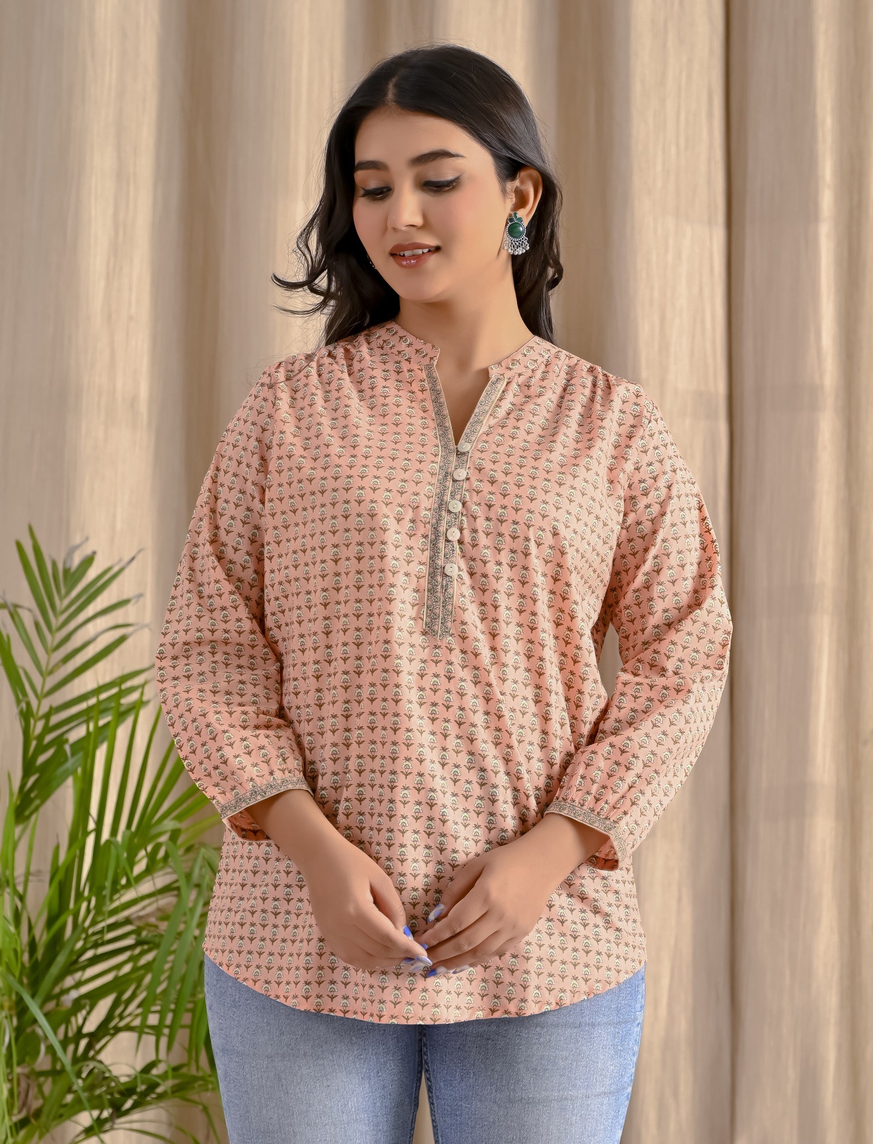 Pastel Peach Barik Butti Cotton Top With Front Buttons