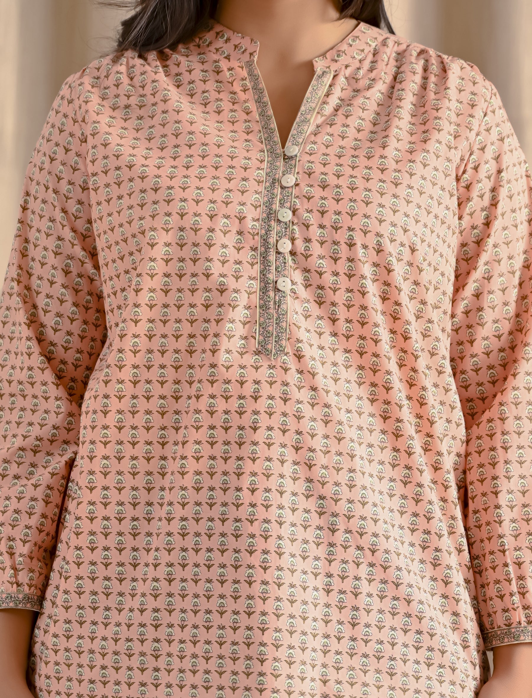 Pastel Peach Barik Butti Cotton Top With Front Buttons