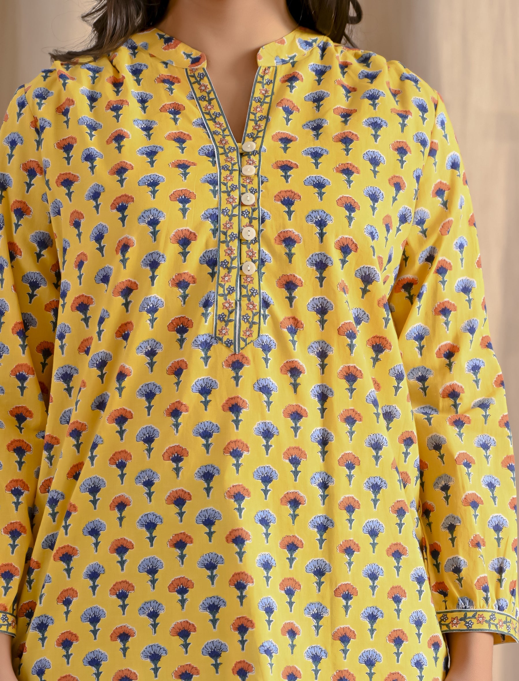 Multi Yellow Butti Cotton Top With Front Buttons