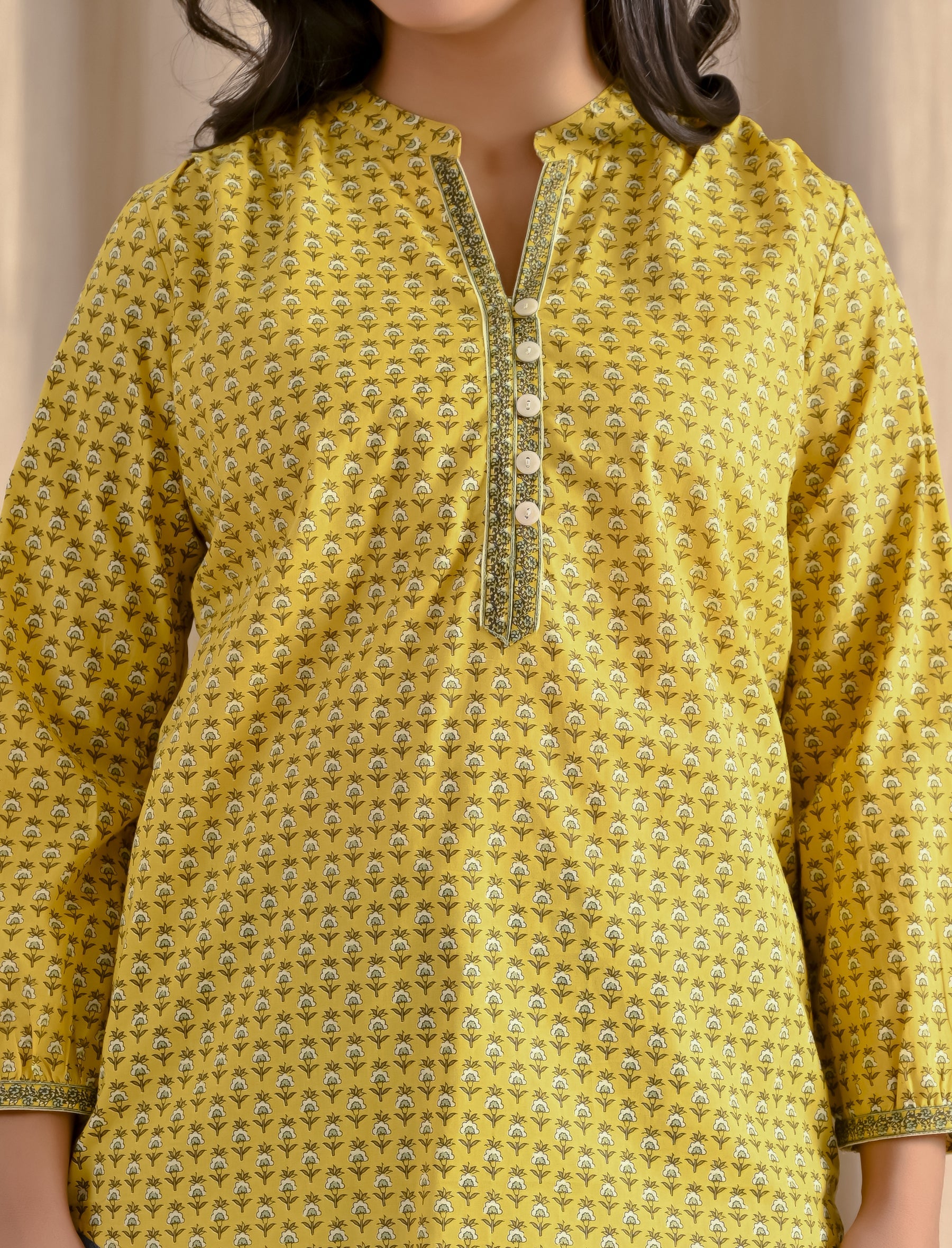 Yellow Butti Cotton Top With Front Buttons