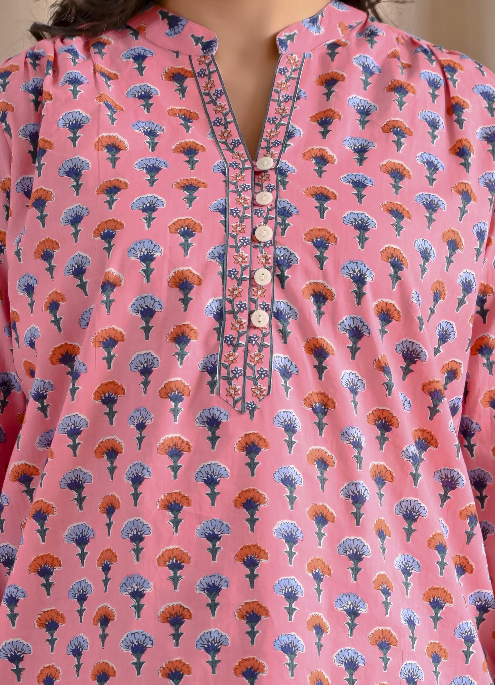 Pink Butti Cotton Top With Front Buttons