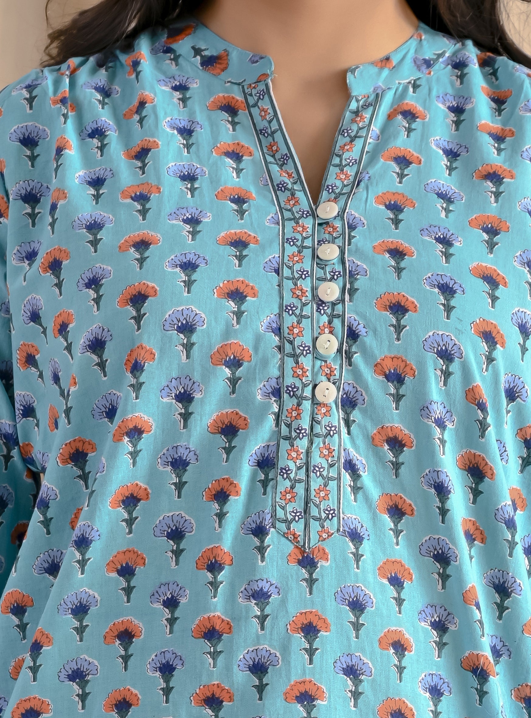 Blue Butti Cotton Top With Front Buttons