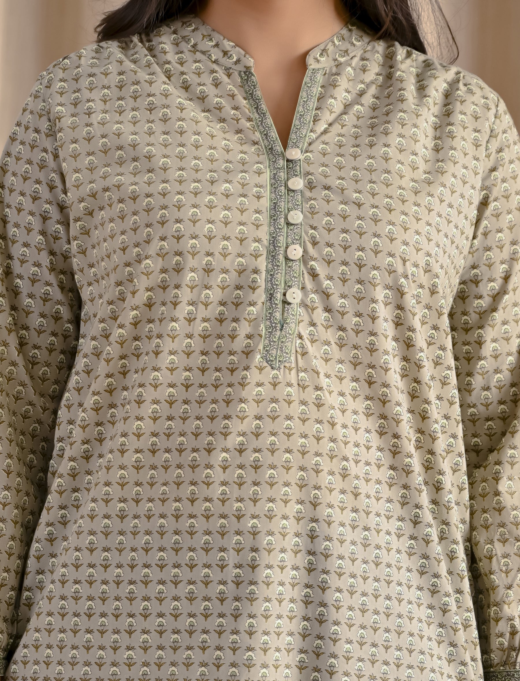Grey Butti Cotton Top With Front Buttons
