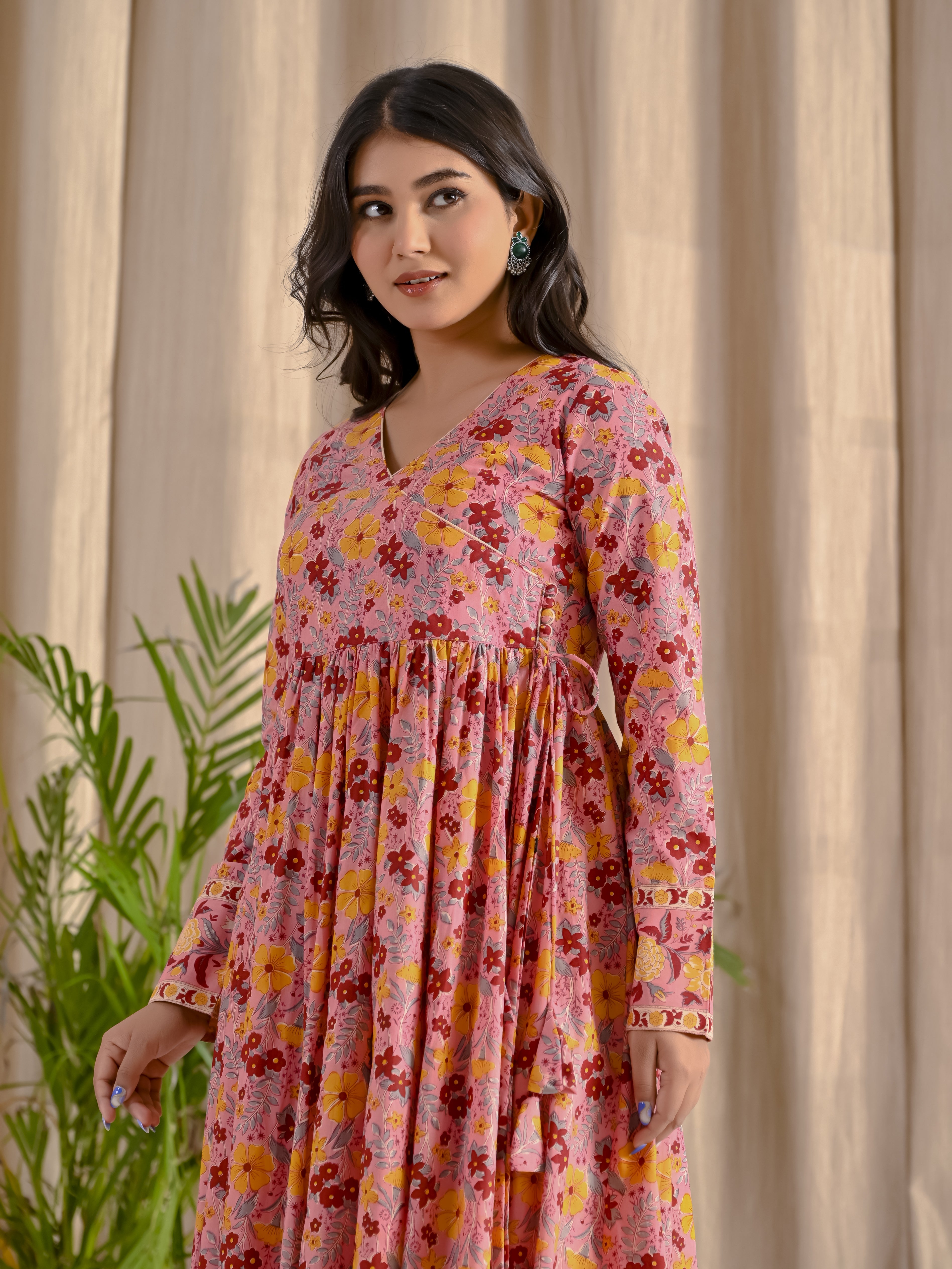 Pink Jaal Cotton Printed Angrakha Long Dress With Flare
