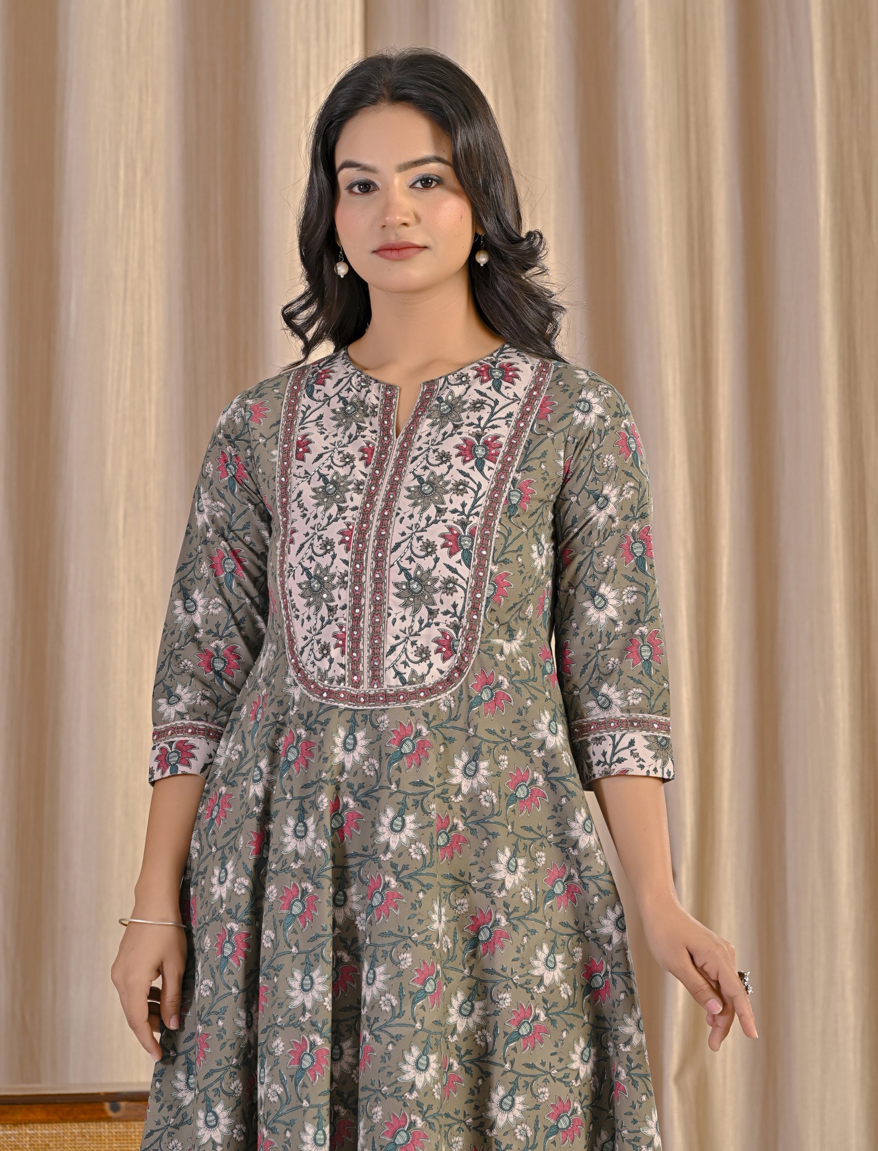 Green Grey Jaal Hand Block Cotton Printed Anarkali Dress