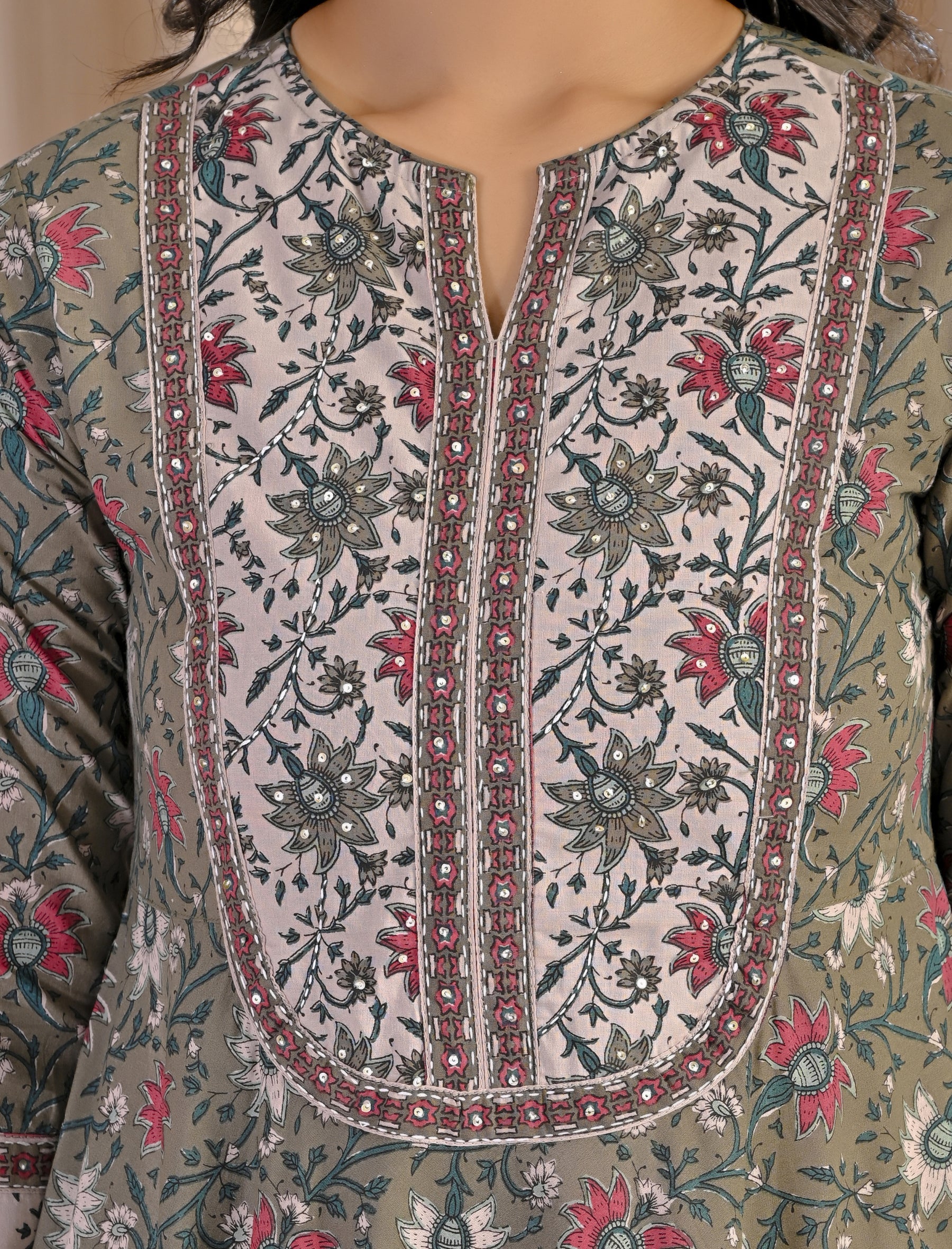 Green Grey Jaal Hand Block Cotton Printed Anarkali Dress