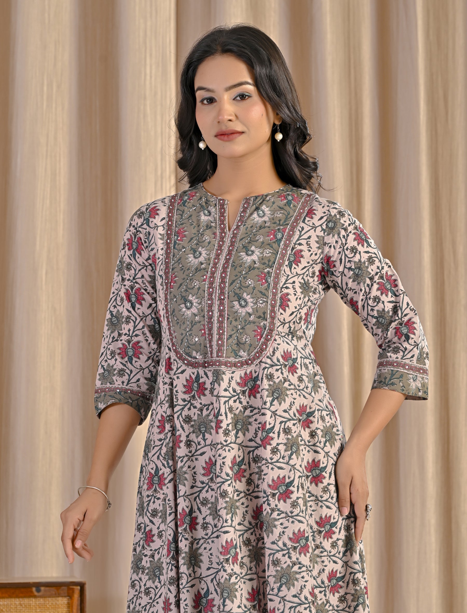 Grey Green Jaal Hand Block Cotton Printed Anarkali Dress
