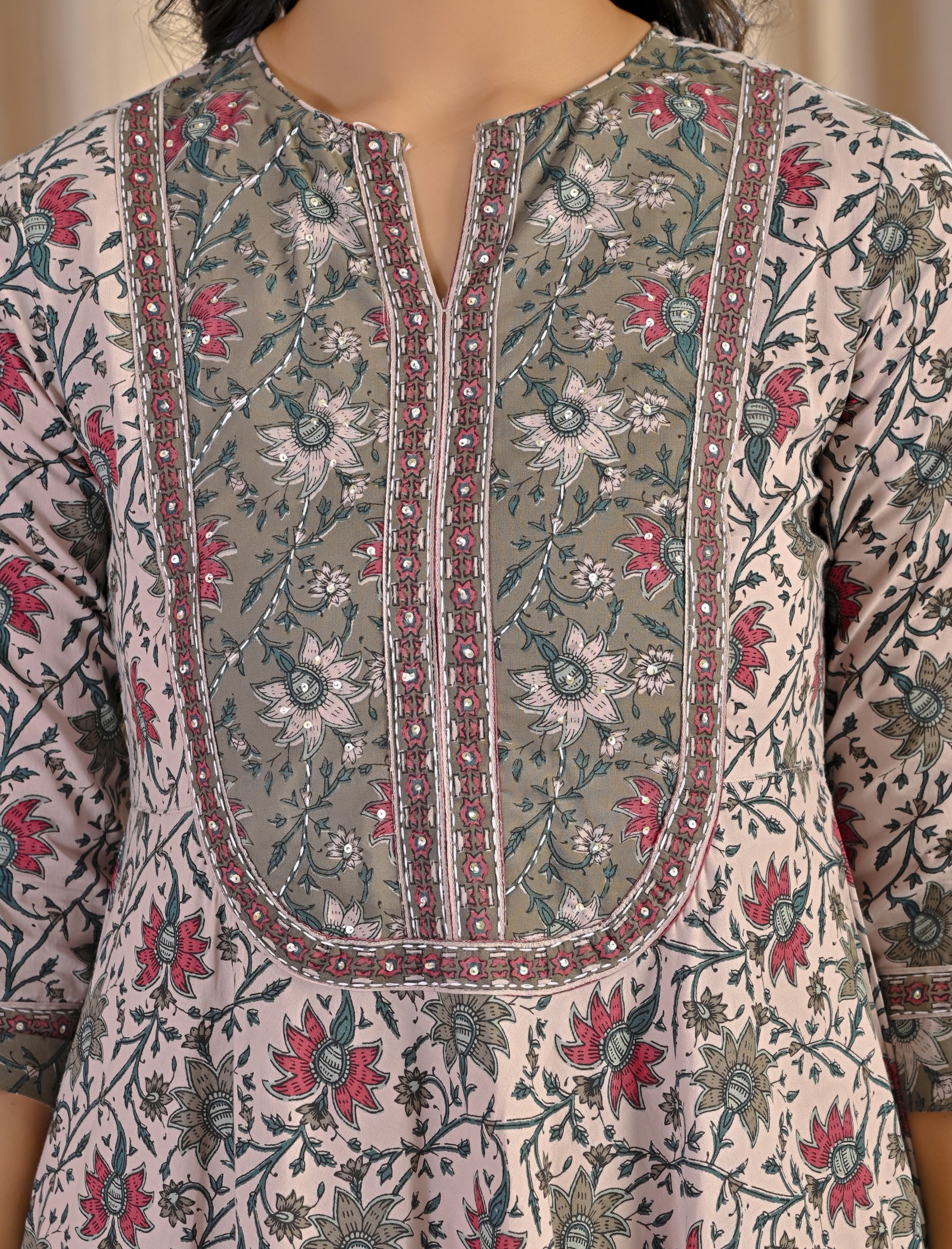 Grey Green Jaal Hand Block Cotton Printed Anarkali Dress