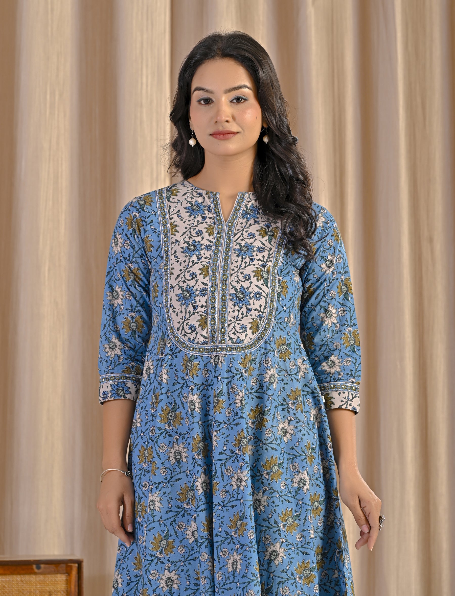 Grey Blue Jaal Hand Block Cotton Printed Anarkali Dress