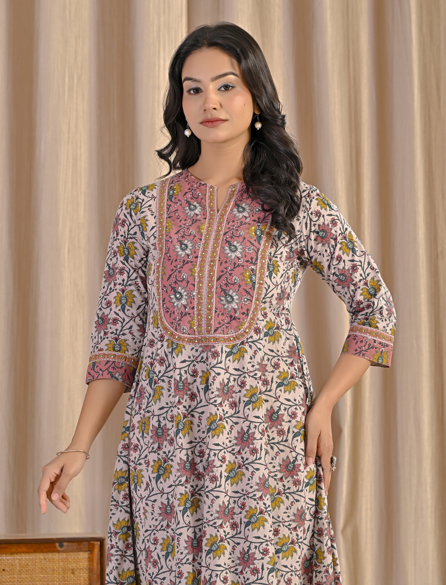Grey Peach Jaal Hand Block Cotton Printed Anarkali Dress