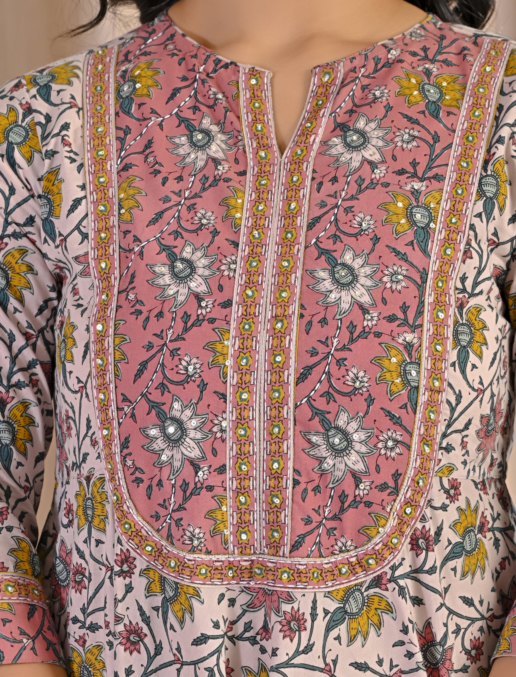 Grey Peach Jaal Hand Block Cotton Printed Anarkali Dress