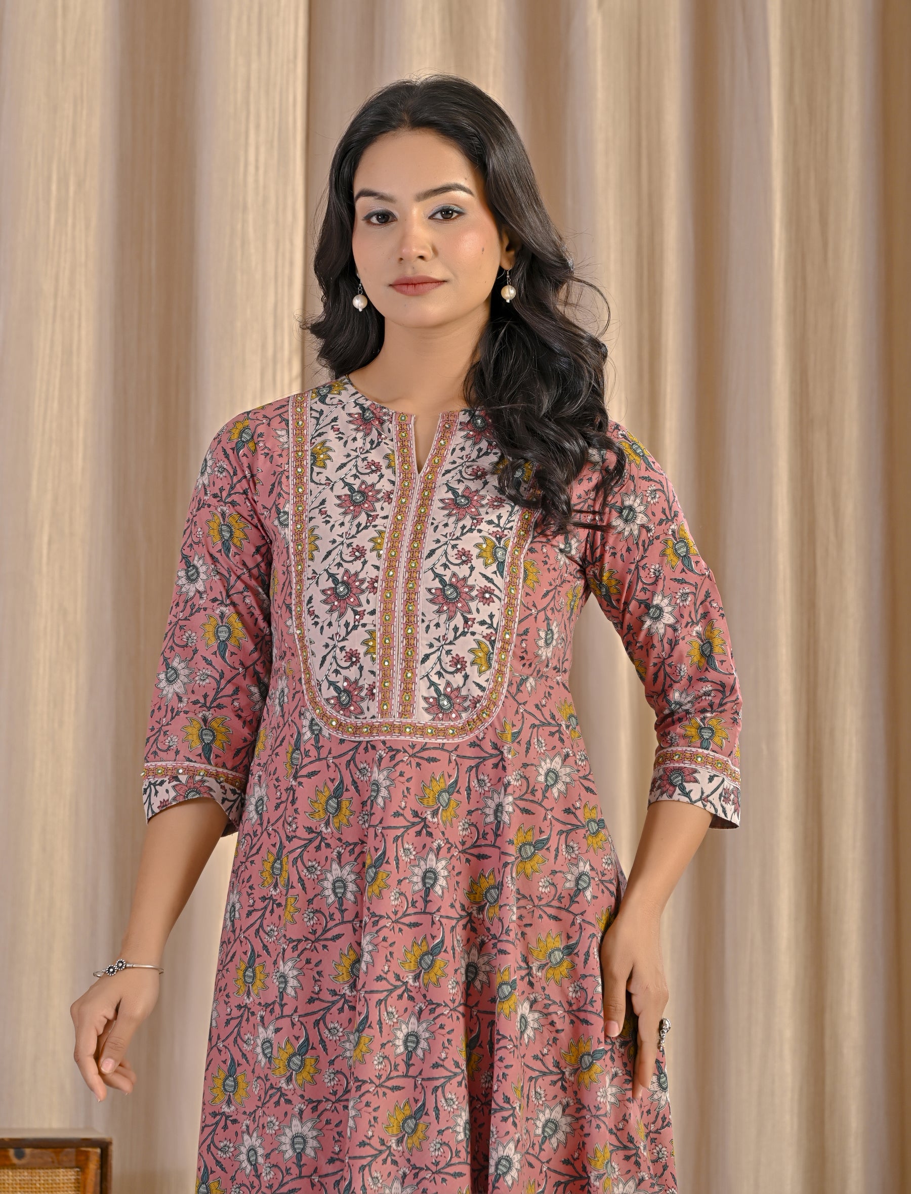 Peach Grey Jaal Hand Block Cotton Printed Anarkali Dress