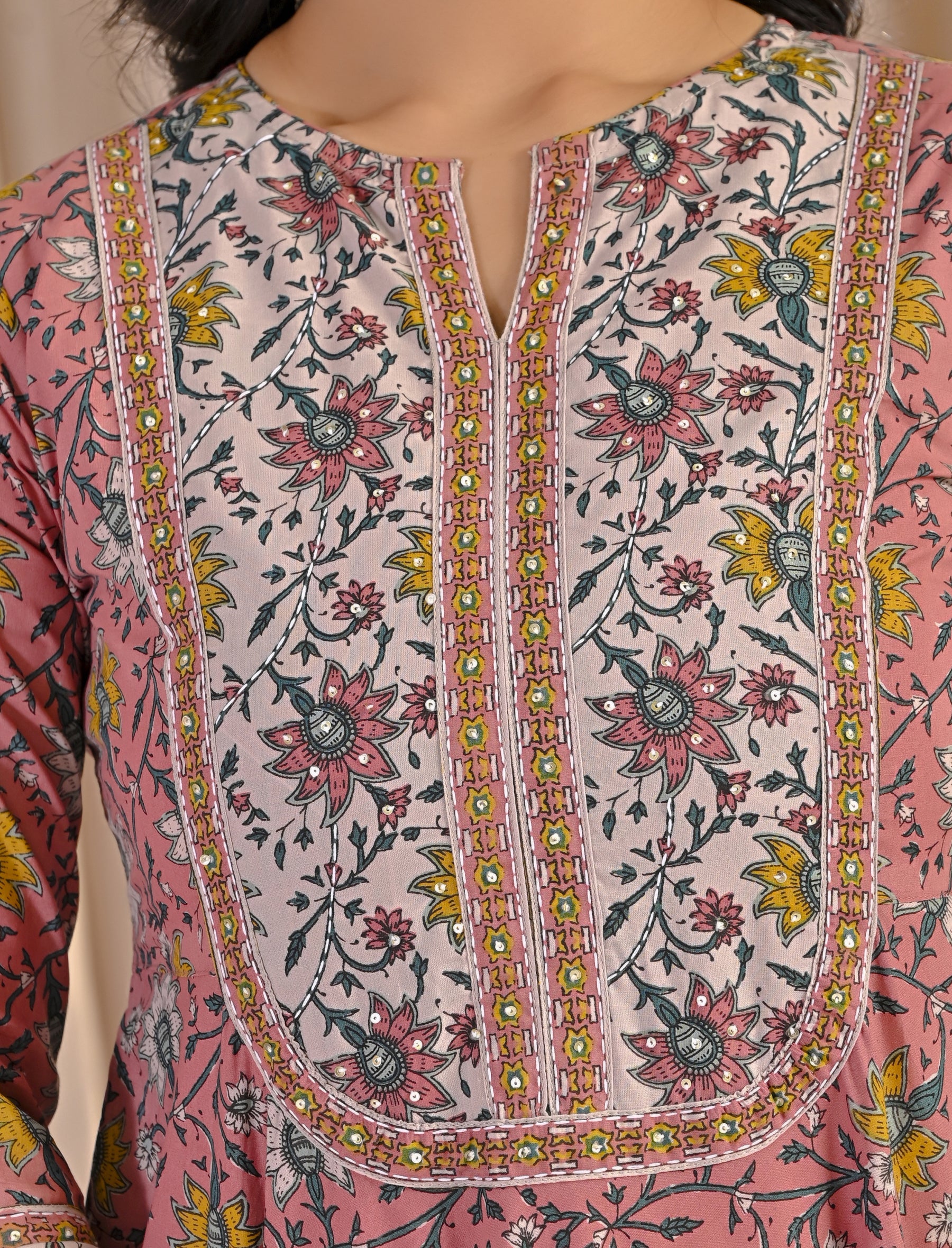Peach Grey Jaal Hand Block Cotton Printed Anarkali Dress