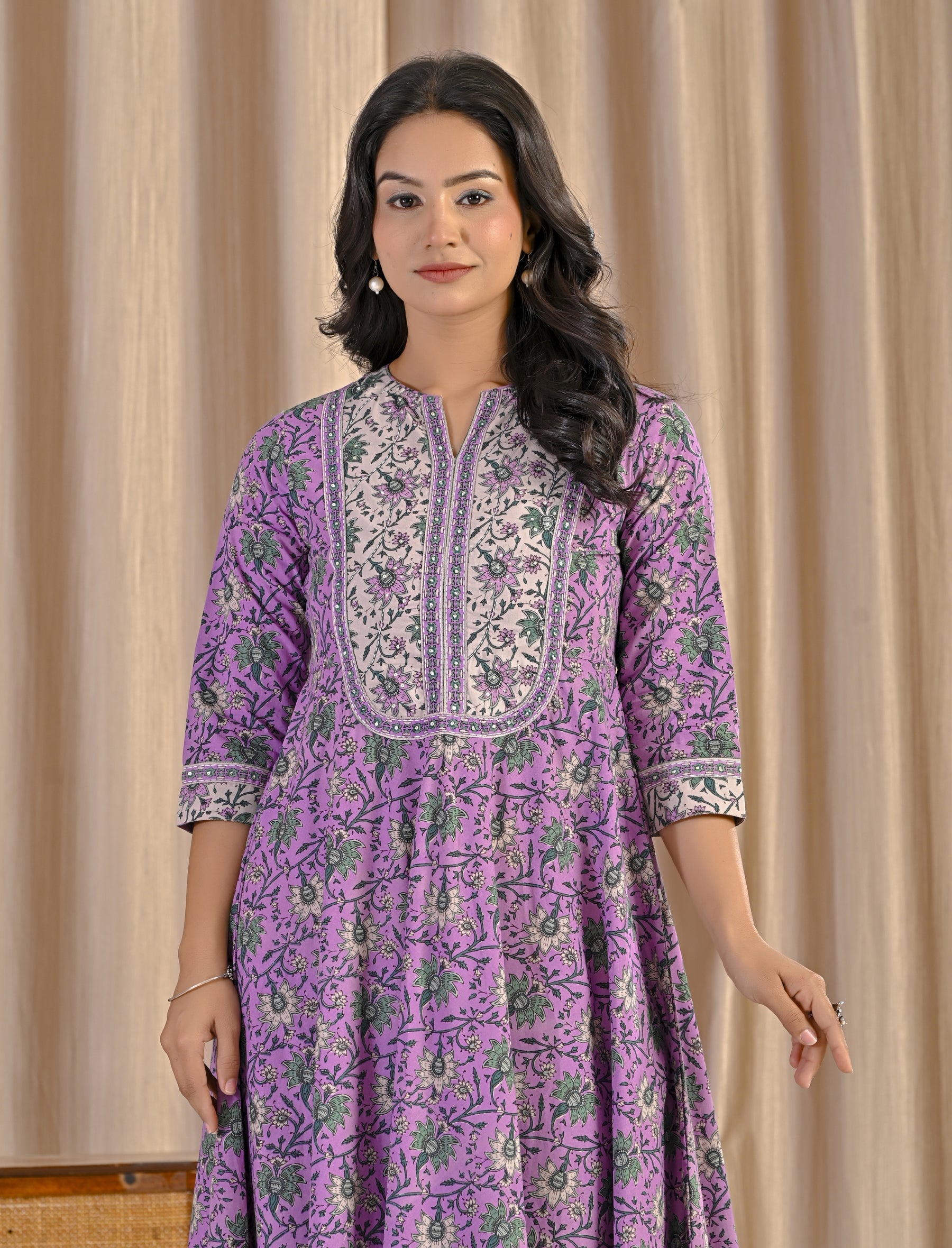 Purple Grey Jaal Hand Block Cotton Printed Anarkali Dress