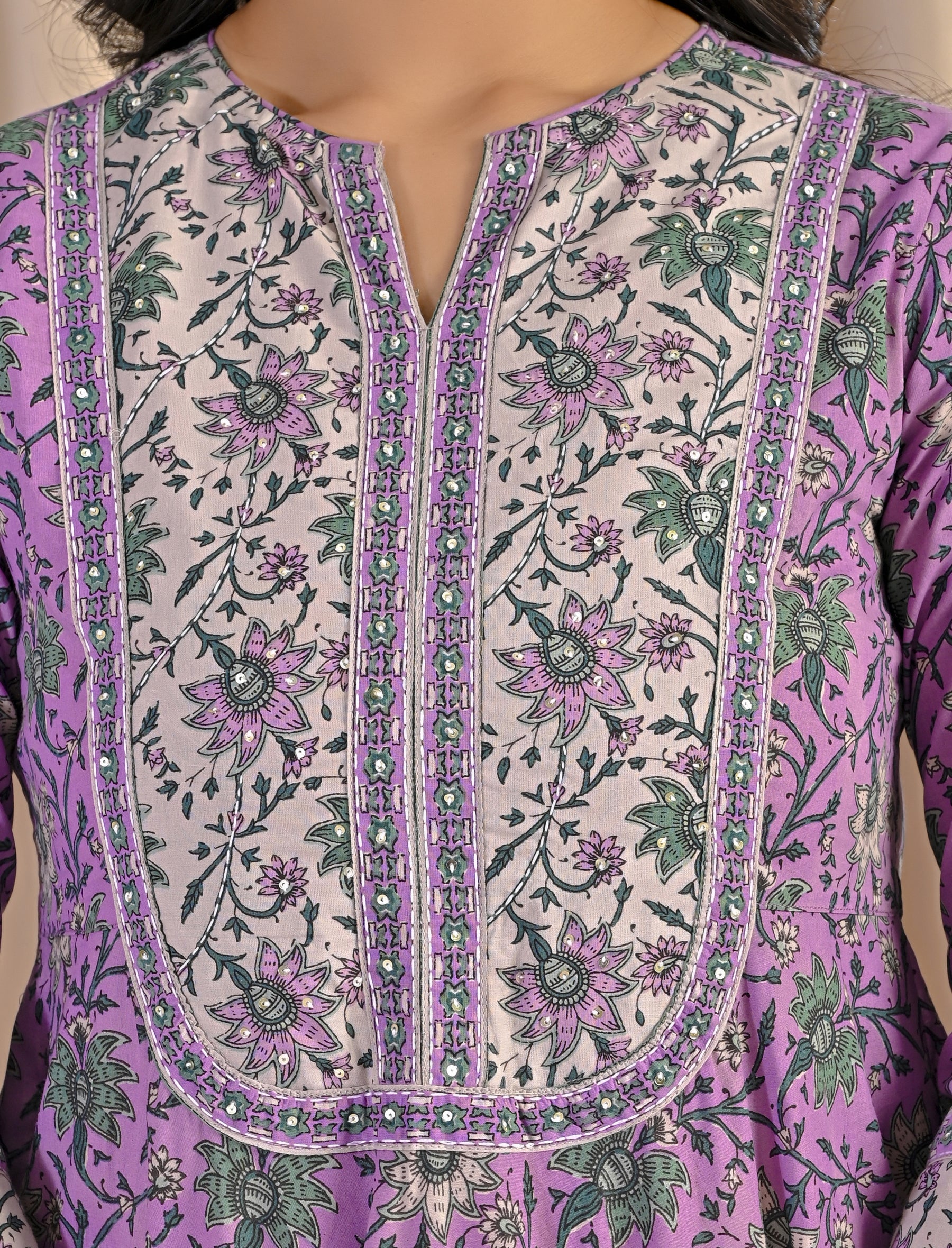 Purple Grey Jaal Hand Block Cotton Printed Anarkali Dress